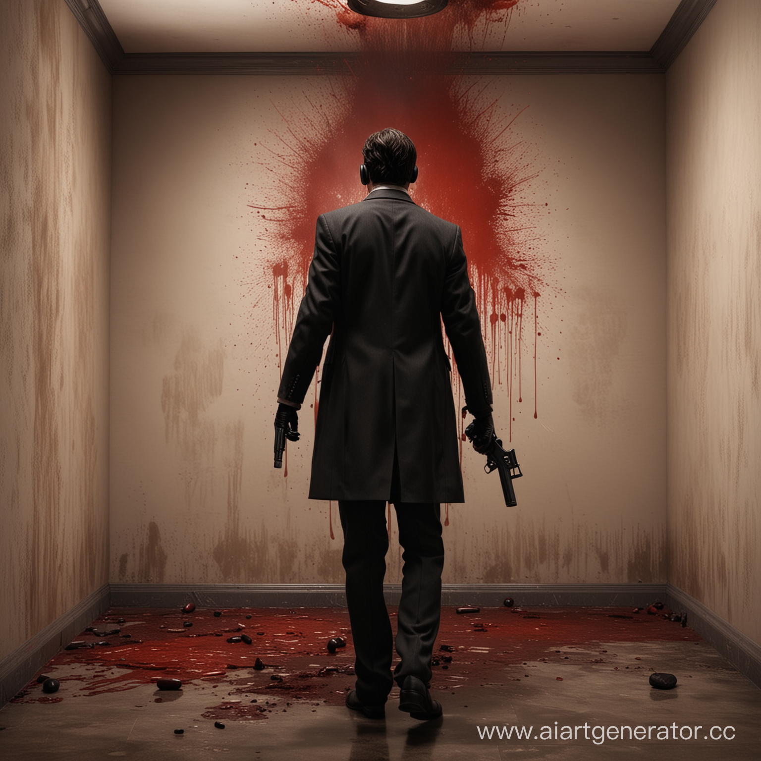 killer, standing with his back to the camera, no face visible, in a business suit, coat, black gloves, pistol with a silencer in his hand, a splash of blood on the wall, a corpse underfoot, 3D, realism, emphasis on warm tones, a scene in a hotel.