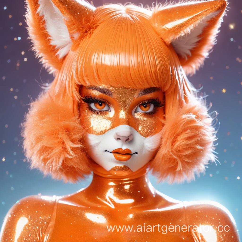 Латексная девушка фурри лиса с оранжевой латексной кожей покрытой блестками с оранжевым латексным лицом. Изображение сделать в милой стилистике