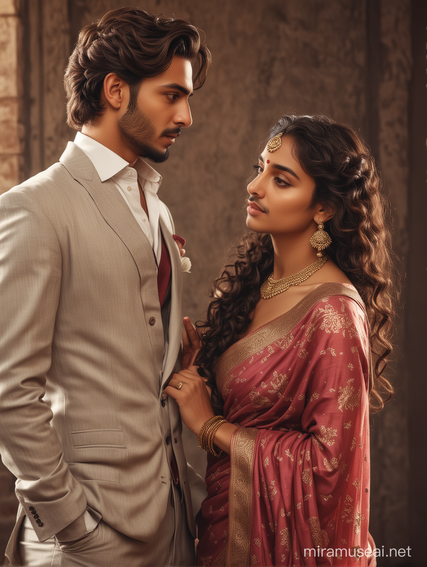 two intimate lovers, full body portrait of most handsome european man with indian features, elegant and arrogant looks, alfa male, fashionable beard,
girl, face off, 18 years old, most beautiful indian girl, elegant saree look, low cut back, long curly hair, shy and modest  , photo realistic, 4k.