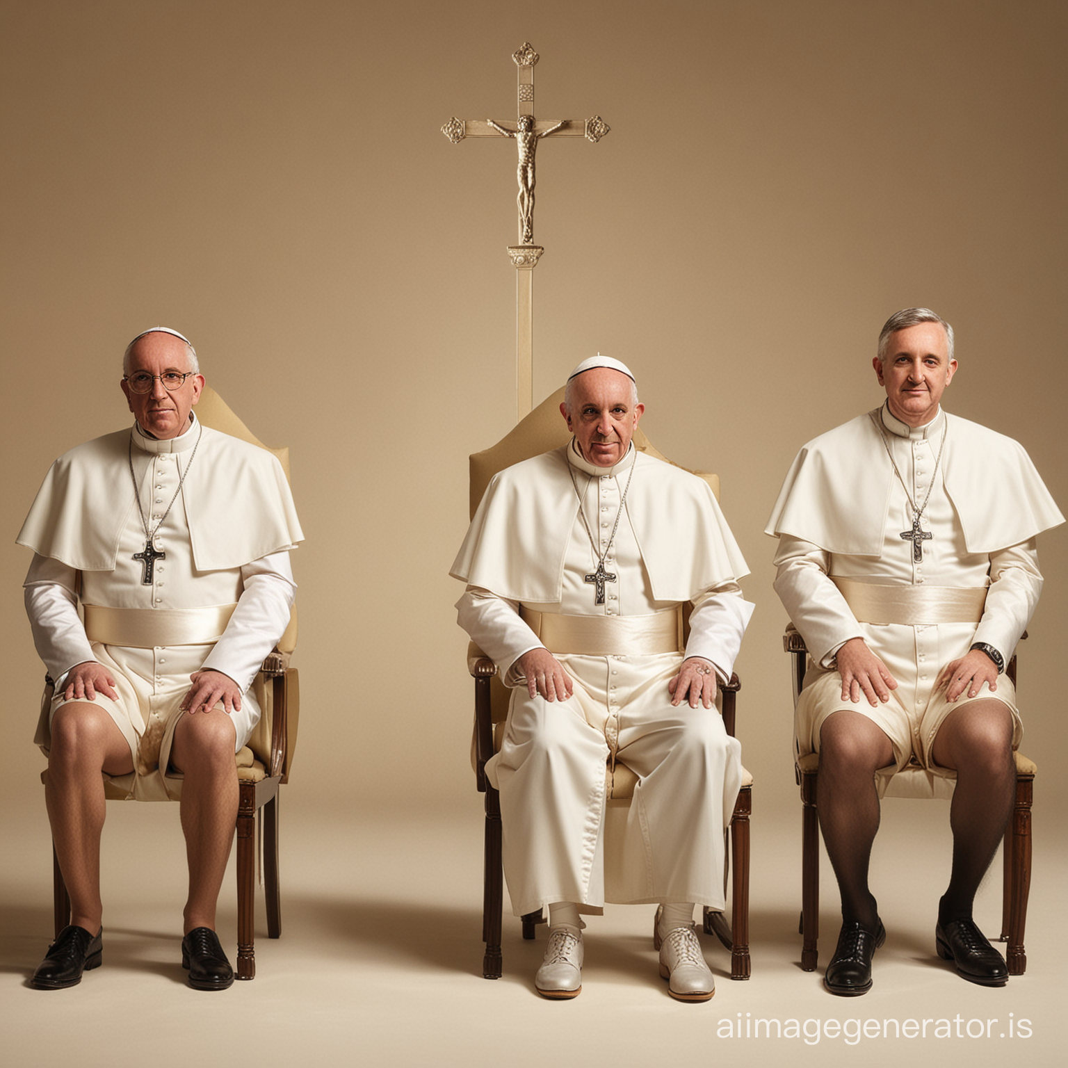 Pope Francis, shot height, naked, wearing only white boxer briefs, sitting on a chair, three archbishops are standing being him, full body shot, full body shot, fantasy light cream solid background, dramatic lighting