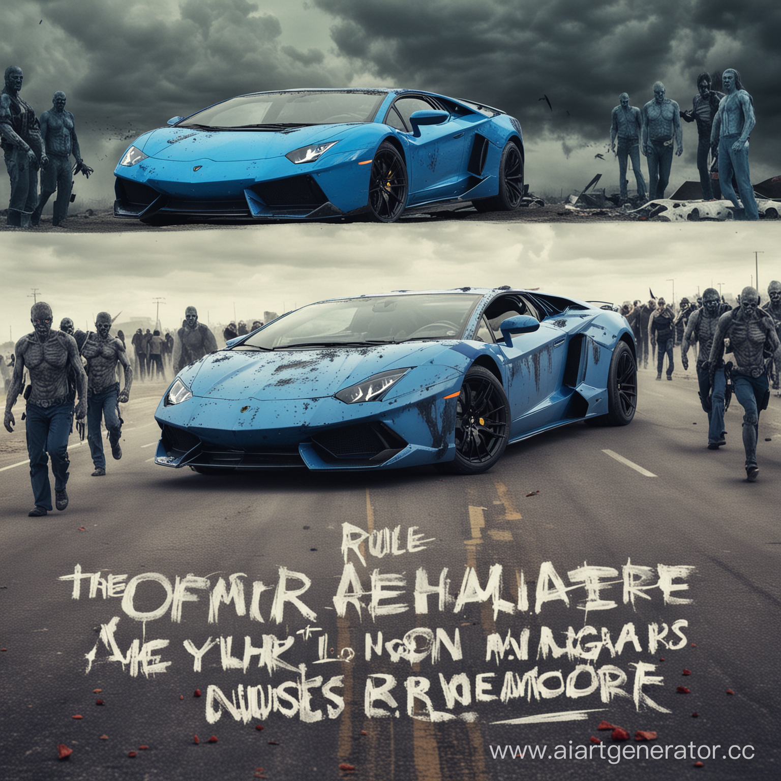 photo should be zombies at background and blue lamborgini at the front of the photo with Text  "Rule Your Nightmare"