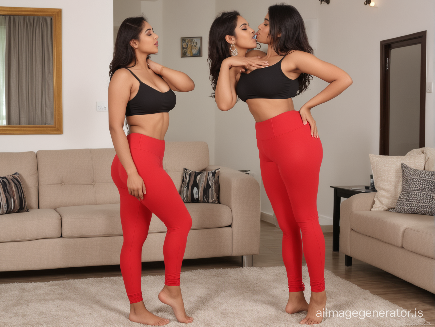 Generate full body view of a very slim trim very busty Bangla Indian girl wearing a red leggings and kisses another sexy girl in the living room
