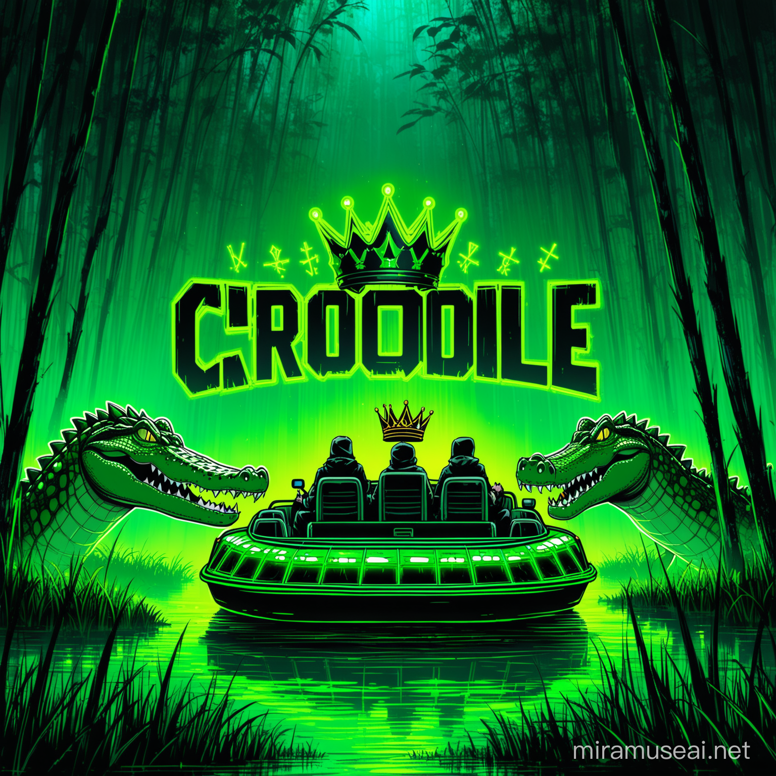 Crocodile driving airboat (noir) group
appreance-neon green crown (only) / full body/ 
background- swamp/lake/weeds/ noir- crco runes