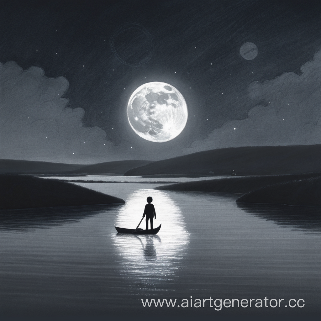 Нарисуй мне обложку на которой изобрежена одинокая луна, одинокая река и моря