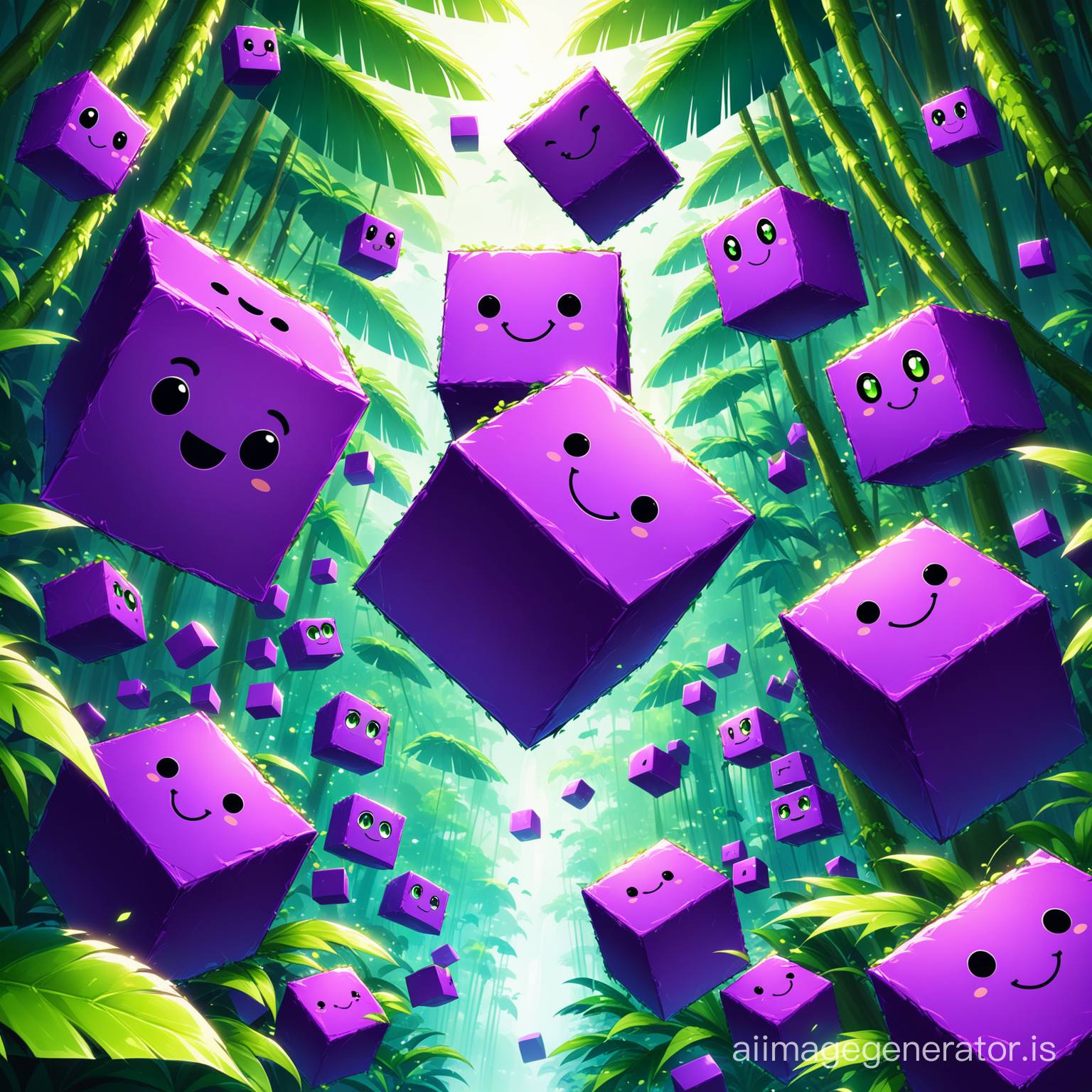 A little black happy cute purple blocks with green eye and smile flying on the jungle with super detail and High Quality
big and purple blocks and floating are seen everywhere
Details are evident beautifully and with great precision