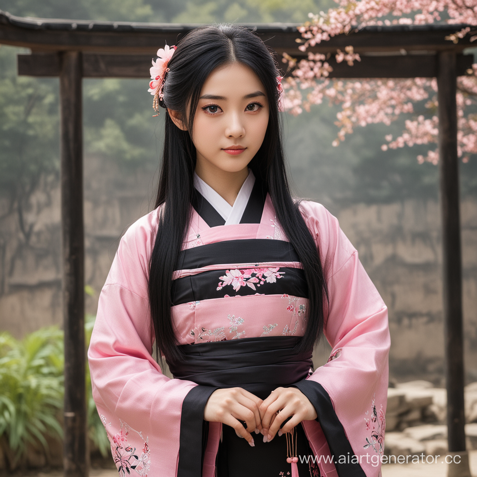 A girl, thin, tall, with long black hair. The eyes are pink.She is dressed in black hanfu.