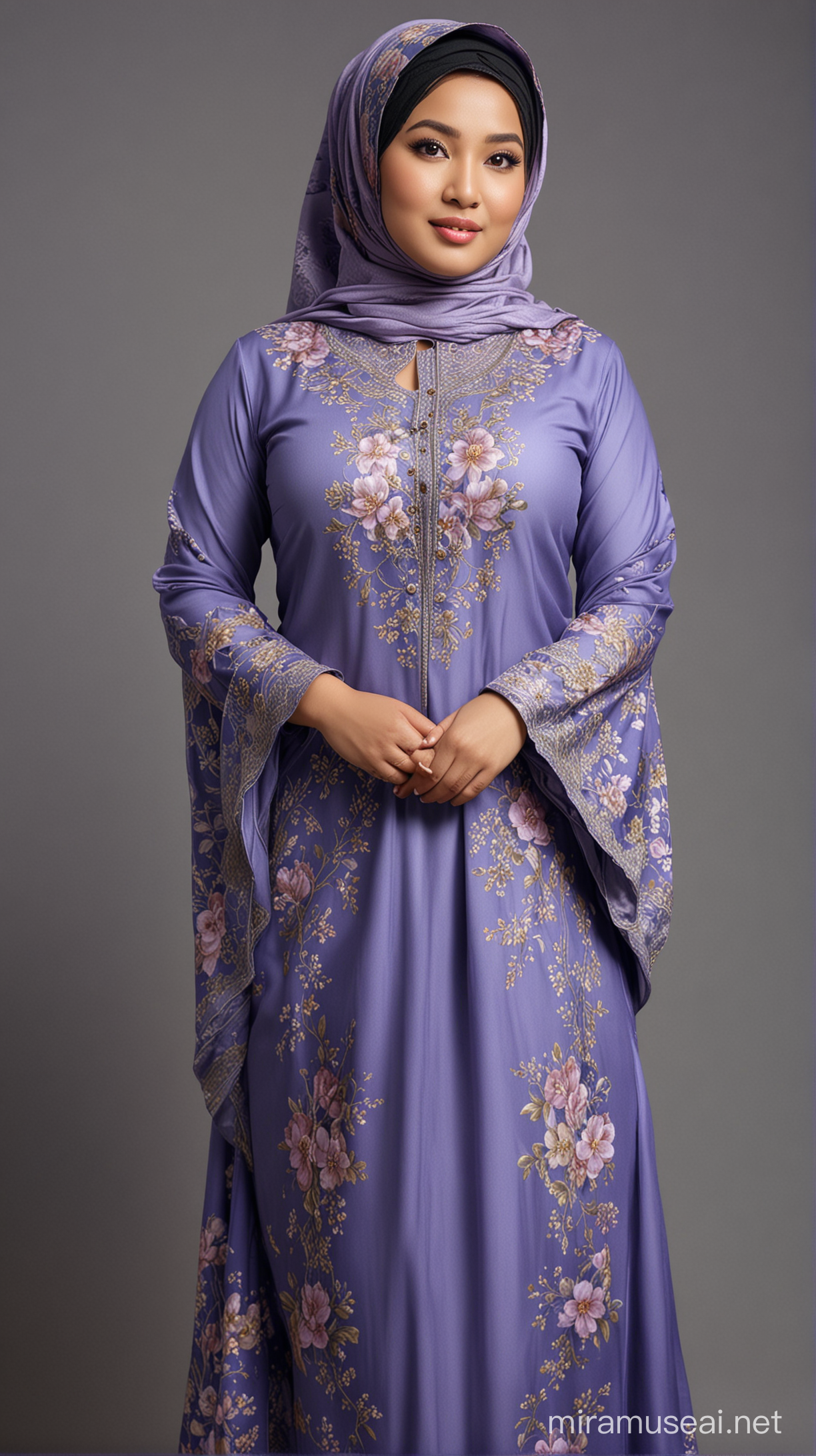(full body shot, professional photography, grey background), sturdy and beautiful plus size Malay female, middle age, large breasts, elegant, highly detailed, digital painting, art station, sharp focus, glowing eyes, wear fully hijab royal blue and lavender loose kebaya, cover whole body, floral patten, wear heels, Enhance, dynamic shot