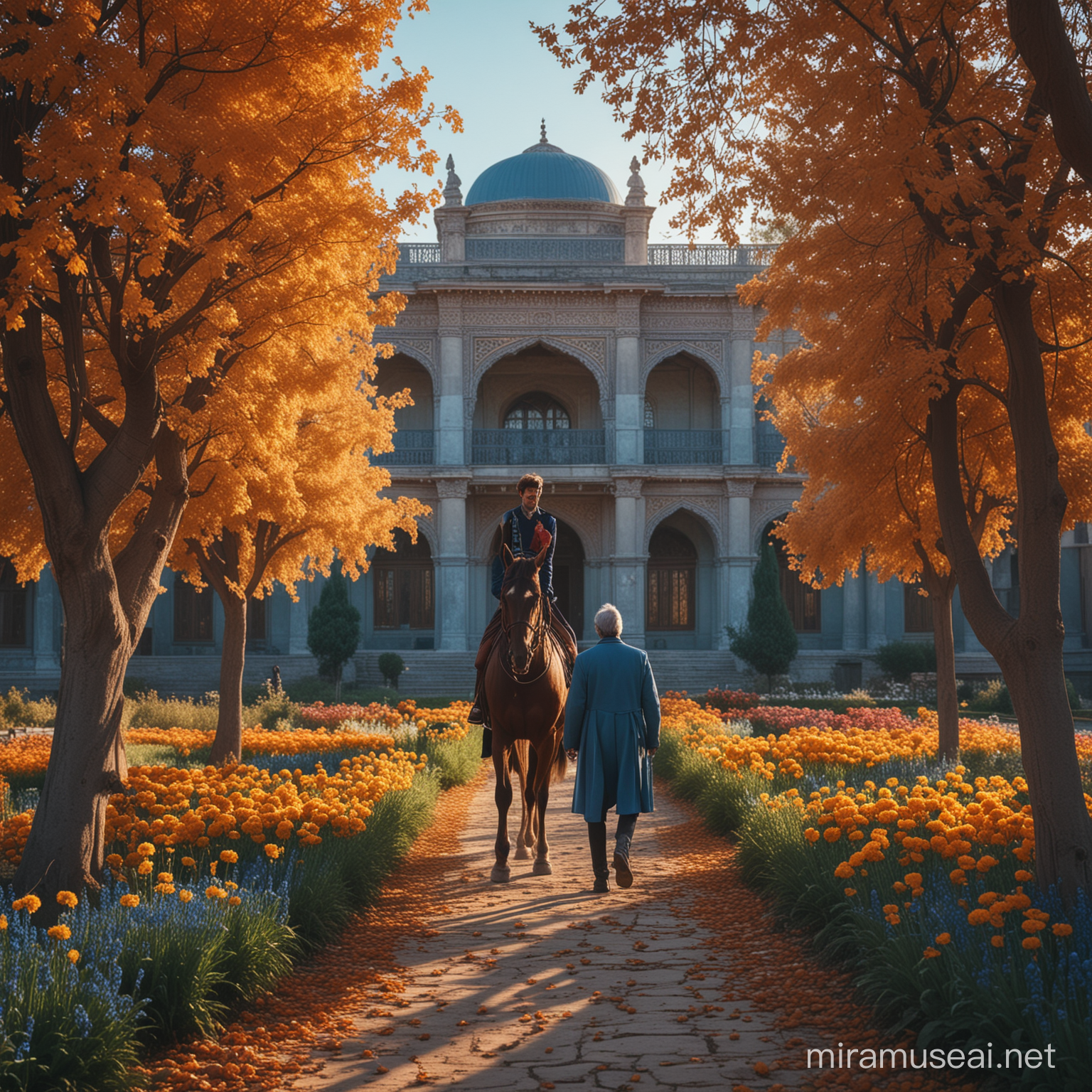 Old palace-autumn season-blue color theme-sunset-flower garden-prince walking with his horse-feeling of peace-cinematic-old-real-Trees-people-flowers are real-Persian architecture
