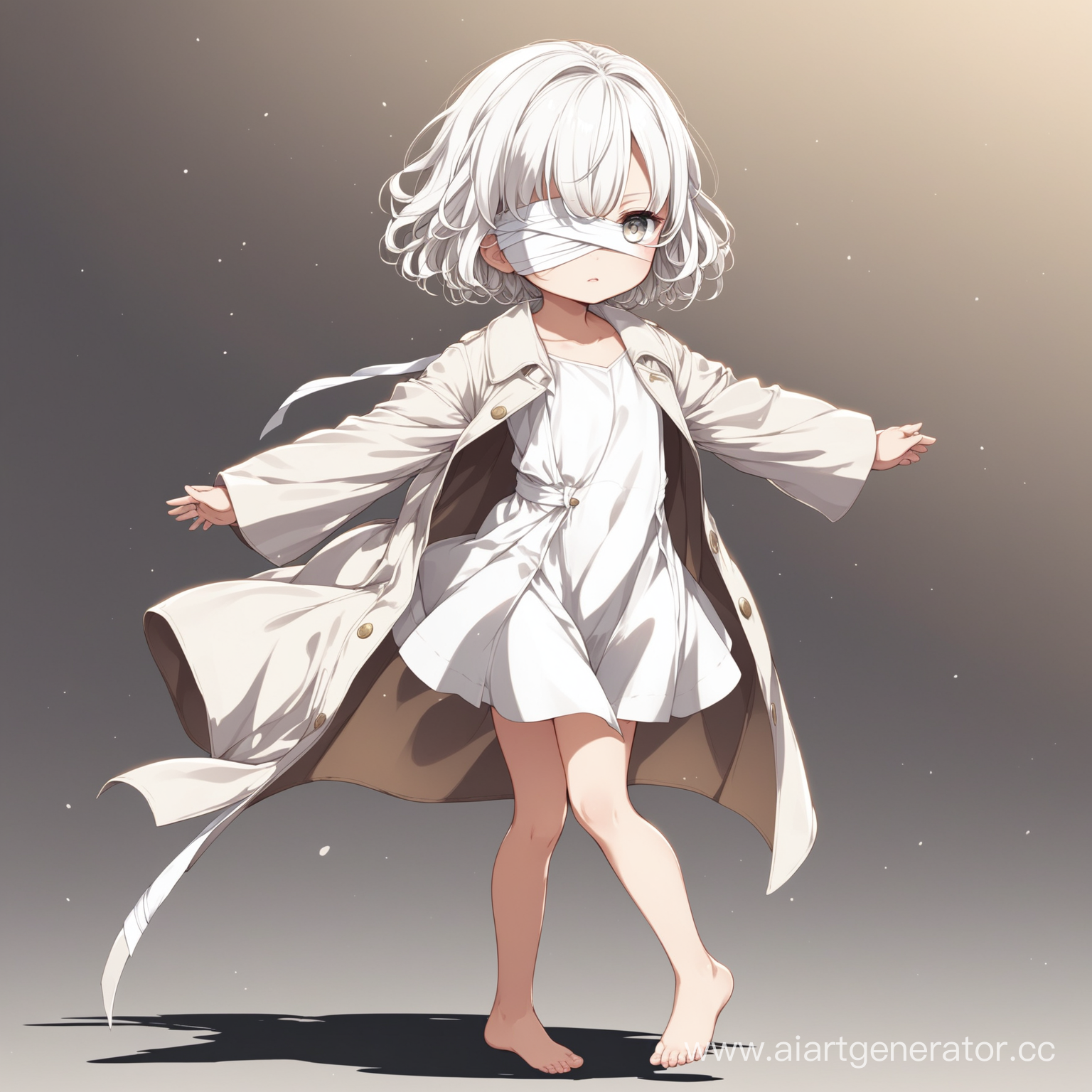 маленькая аниме девочка с белыми кудрявыми короткими волосами, с белыми глазами, у которой повязка на одном глазу, в коротком белом платье с верху закинутым пальто, и без обуви