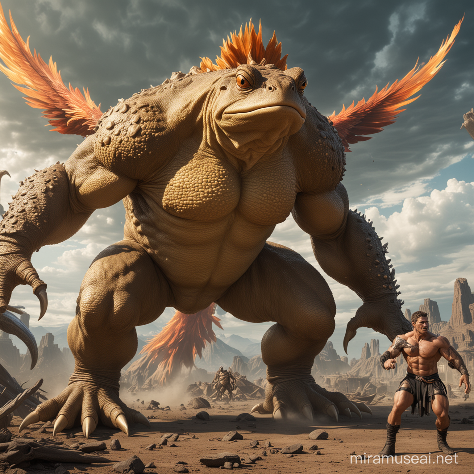 Epic Battle Massive Toad Confronts Phoenix in Titan Clash