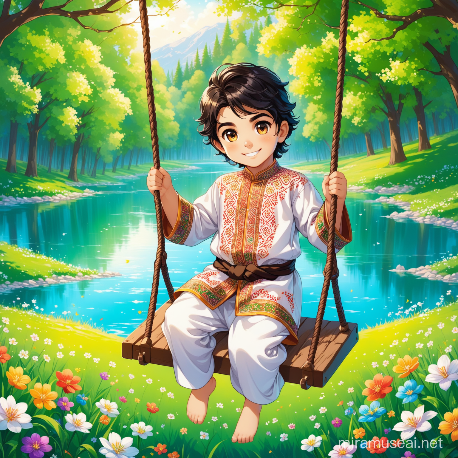 Ali is Persian little boy, 7 years old, cute, white skin, smiling, clothes with a lot of Persian designs.

Ali is swinging.

Atmosphere forest, grass, flowers, spring, lake.