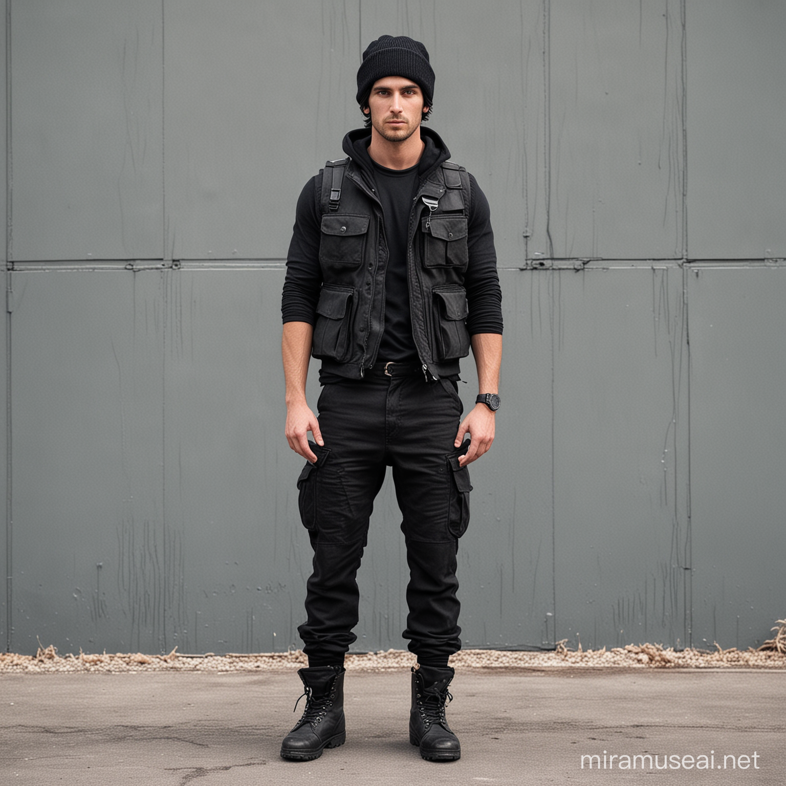 Young Man in PostApocalyptic Attire with Black Bulletproof Vest and Beanie