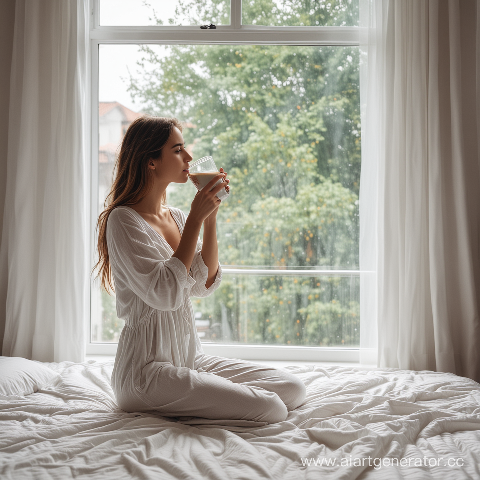 A beautiful girl is standing next to the window, drinking coffee, there is a soft mattress nearby