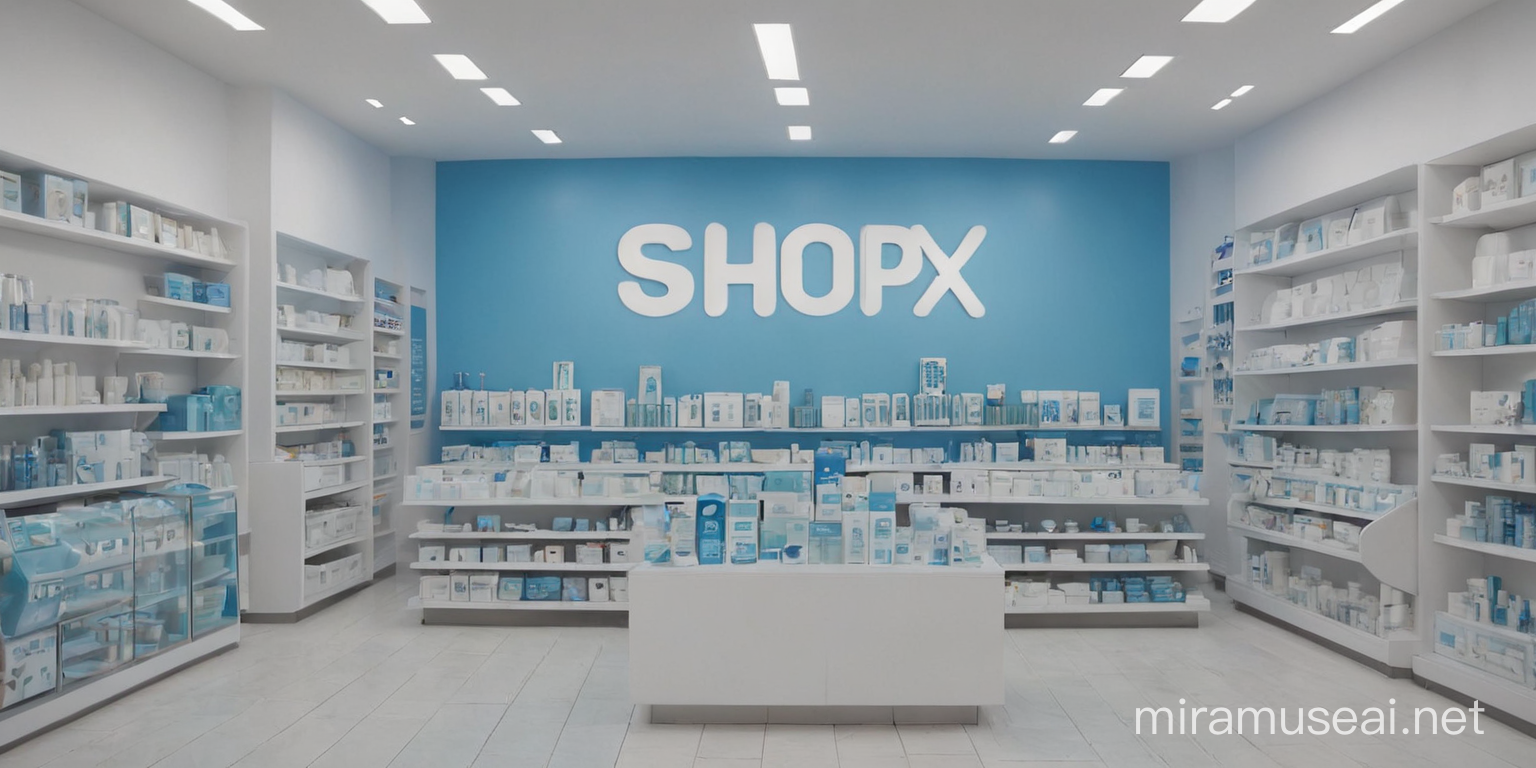 advertising banner for a store with the name "Shop X". The background should have products from the beauty and health category. The color should be white and blue