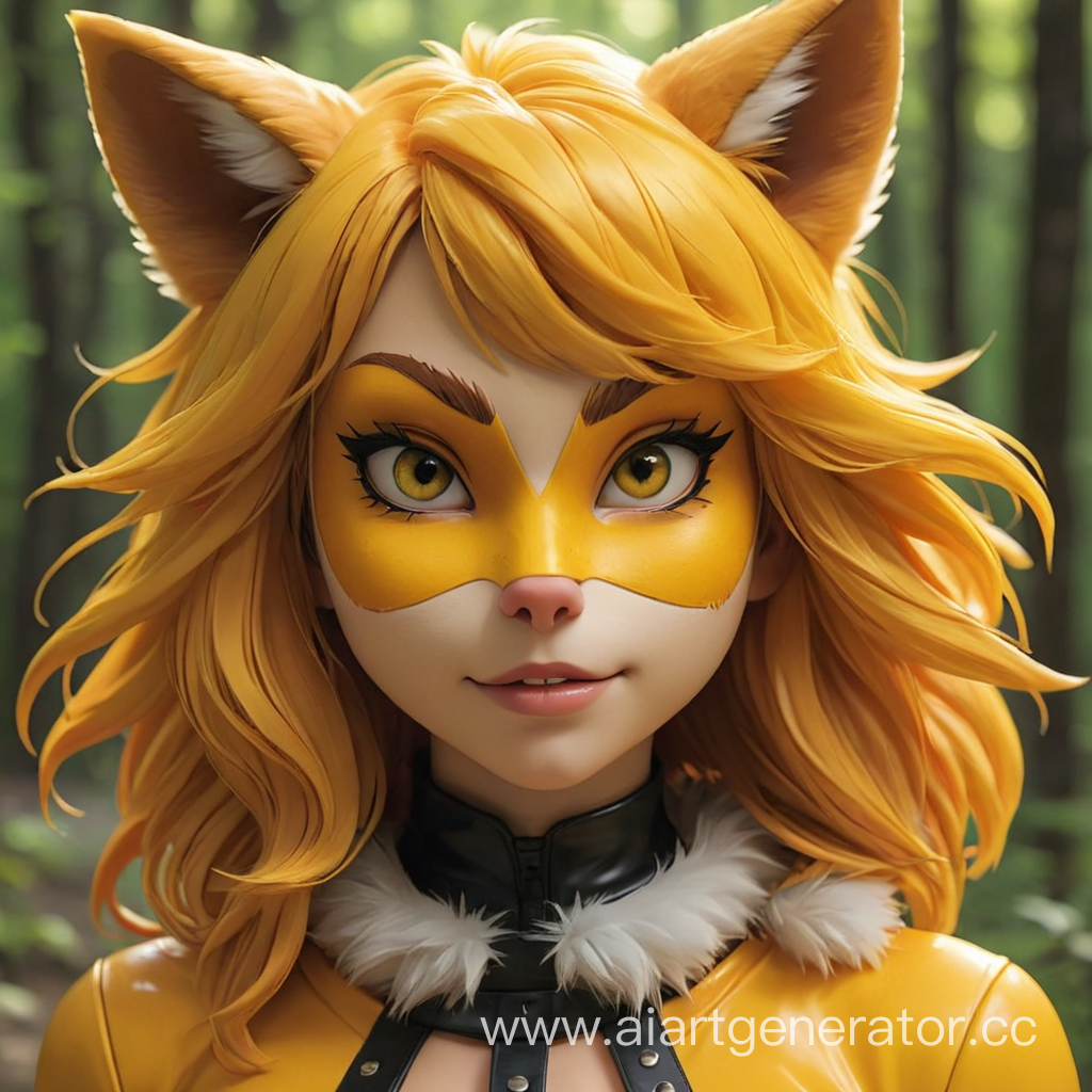 Латексная девушка фурри лиса с желтой пластиковой кожей в маске лисы. Изображение сделать в милой стилистике