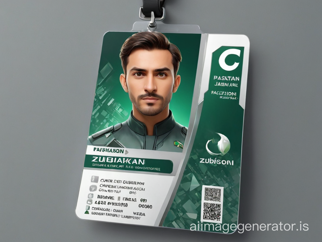 futuristic "ZUBIAKSON  PAKISTAN " in futuristic,  ID card for employee. verticals in style 4D without background, high quality, realistic, futuristic, 