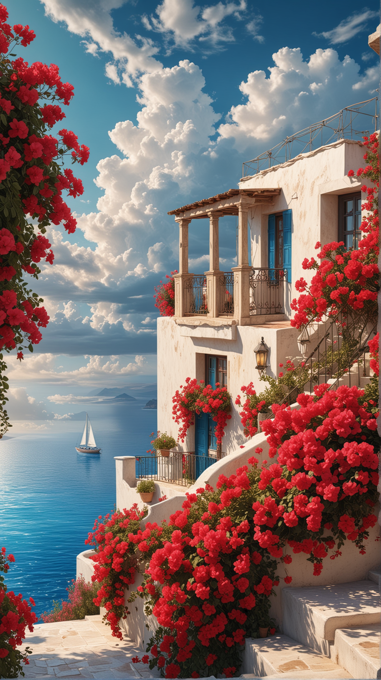 Sea view, greek style house with red bougenville flowers, beautiful summer sky and clouds, sail boat from distance, 8k render, stable diffusion, majestic illusration, ultra detailed, acrylic palette colors, codex_401 digital art style