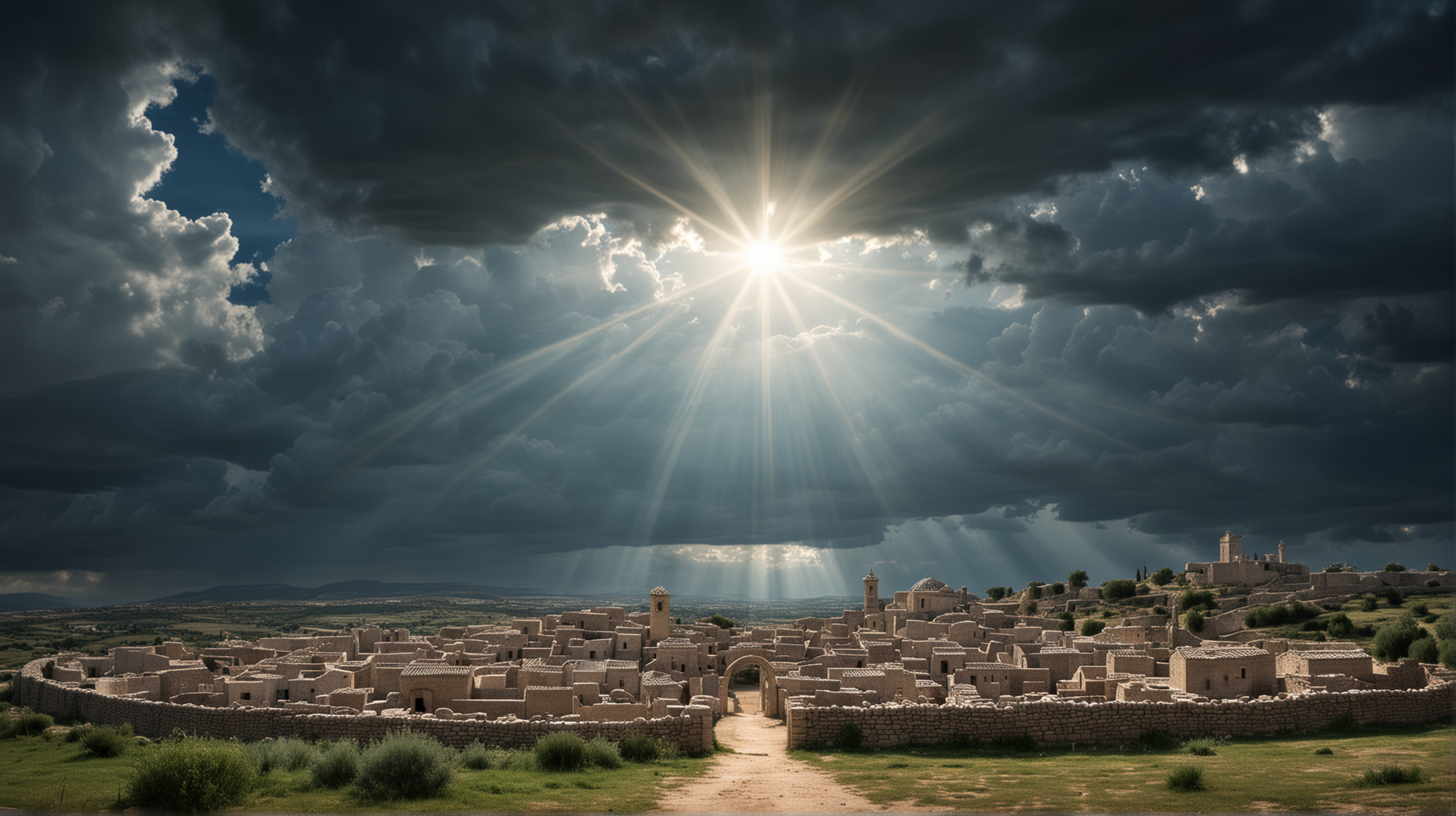 Divine Light Illuminating Ancient Biblical Village Against Dark Blue Cloudy Sky