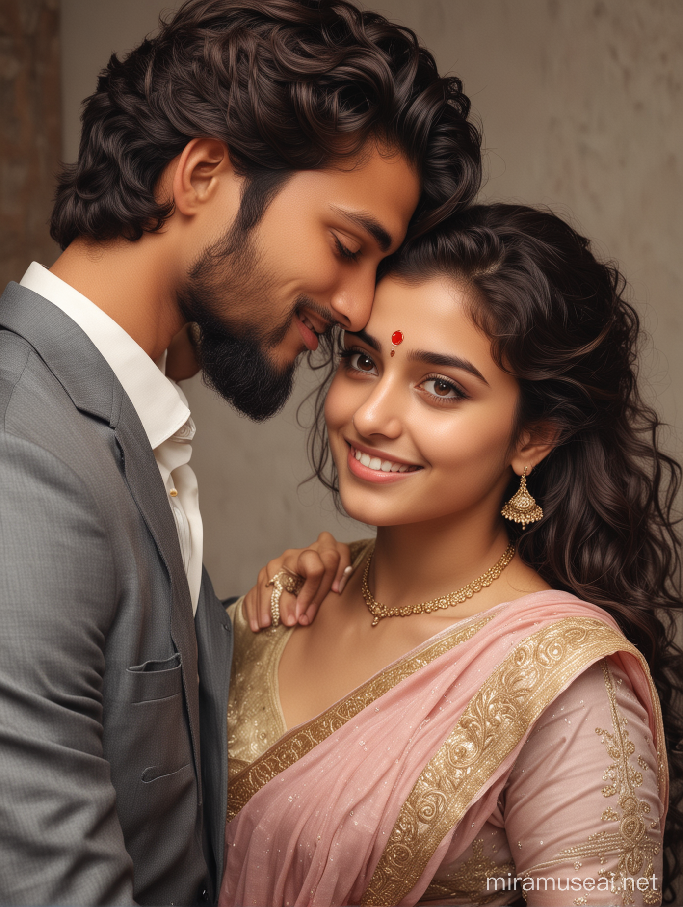 two intimate lovers, indian handsome boy with european features, , 22 years old, european features, formal suit, light trim beard, alfa male, girl, 18 years old, most beautiful indian girl, elegant saree look, low cut back, long curly hair, touching head to boy shoulder, shy and modest smile, boy comforting girl with one hand on back of girl, photo realistic, 4k.
