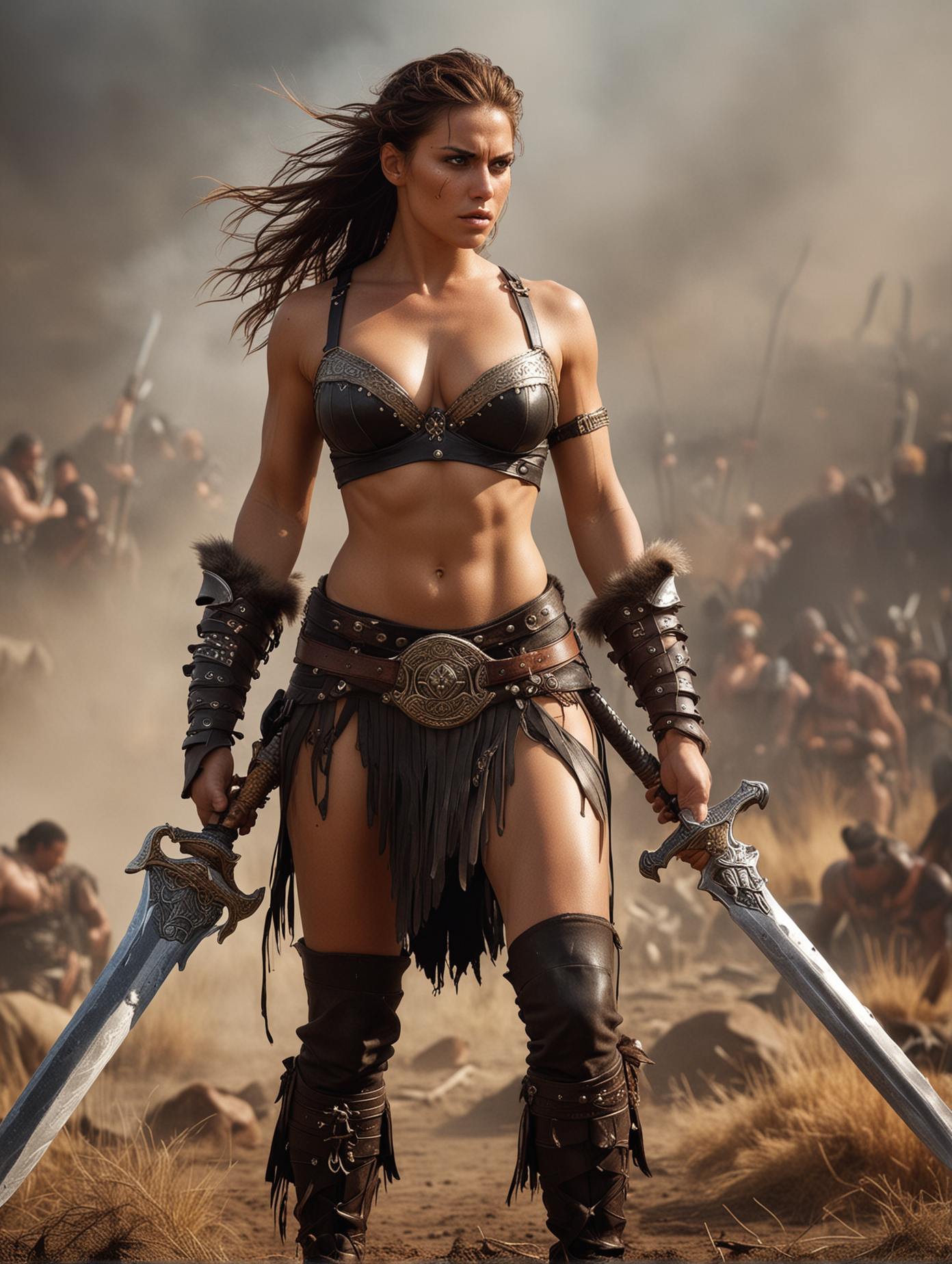 full-length high-resolution photograph of a Barbarian Woman:
Description: A very muscular warrior, wearing reinforced leather armor and tribal ornaments. braided hair, very large breasts, cleavage, amber colored eyes, She wields a massive sword with impressive agility, standing in a battlefield amid a battle, leather wrapped fur boots, ready to cleave through her opponents with fierce determination. muscular legs, ultra detailed, natural lighting, high contrast, ray tracing, random details, imperfection, skin texture, skin pores, fire, smoke, dark vignette