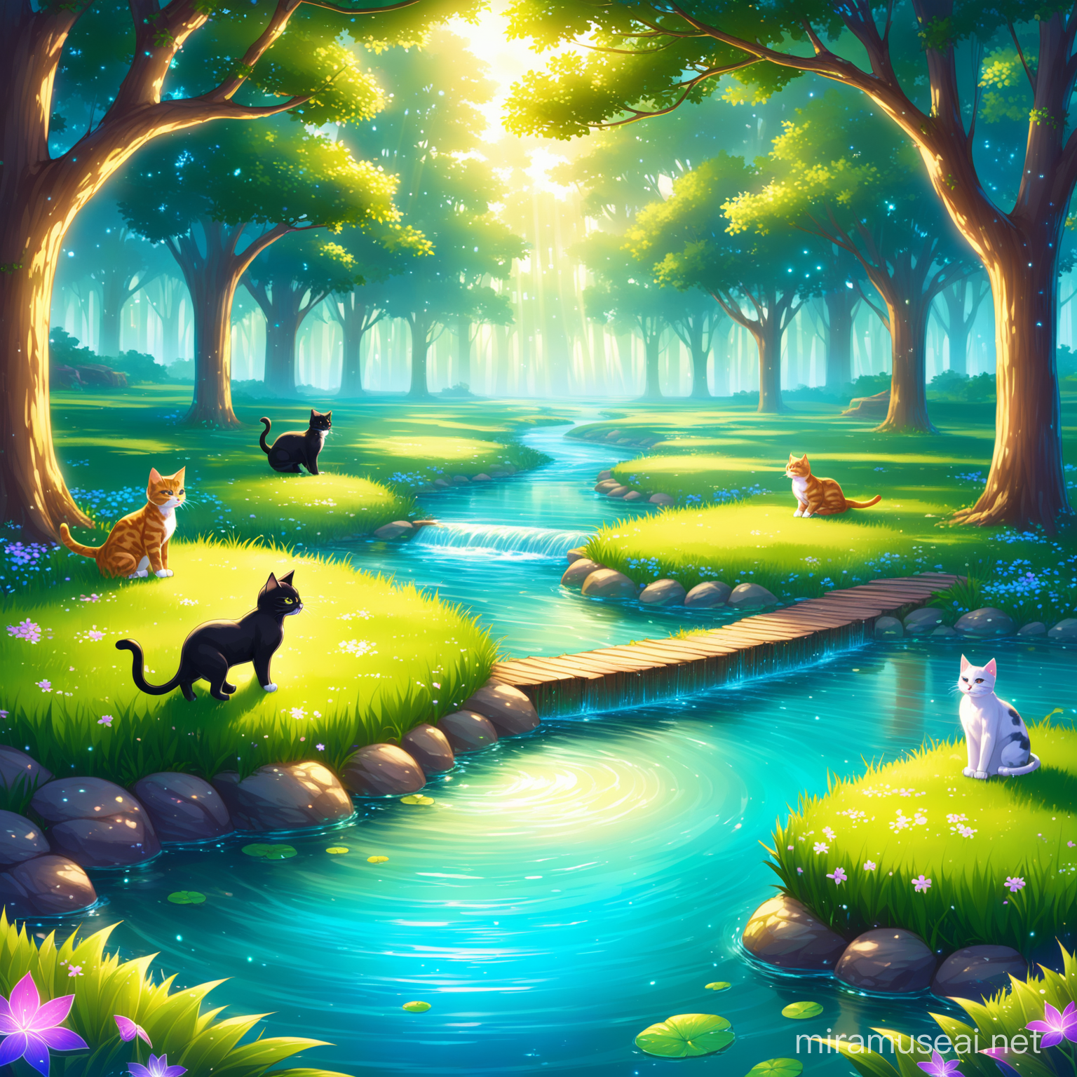 
sanctuary for felines in a clearing with a stream in the Dream Realms