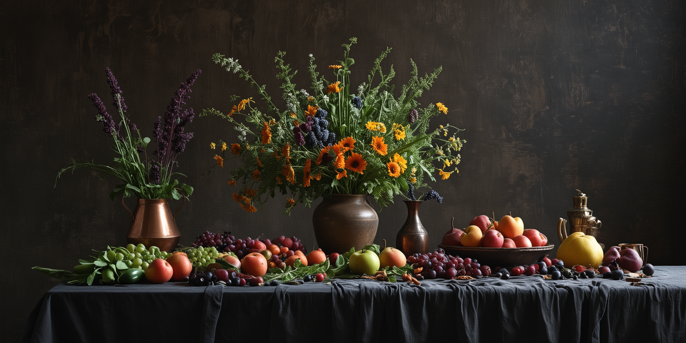 Rustic Still Life with Flowers Fruits and Vegetables on Antique Table