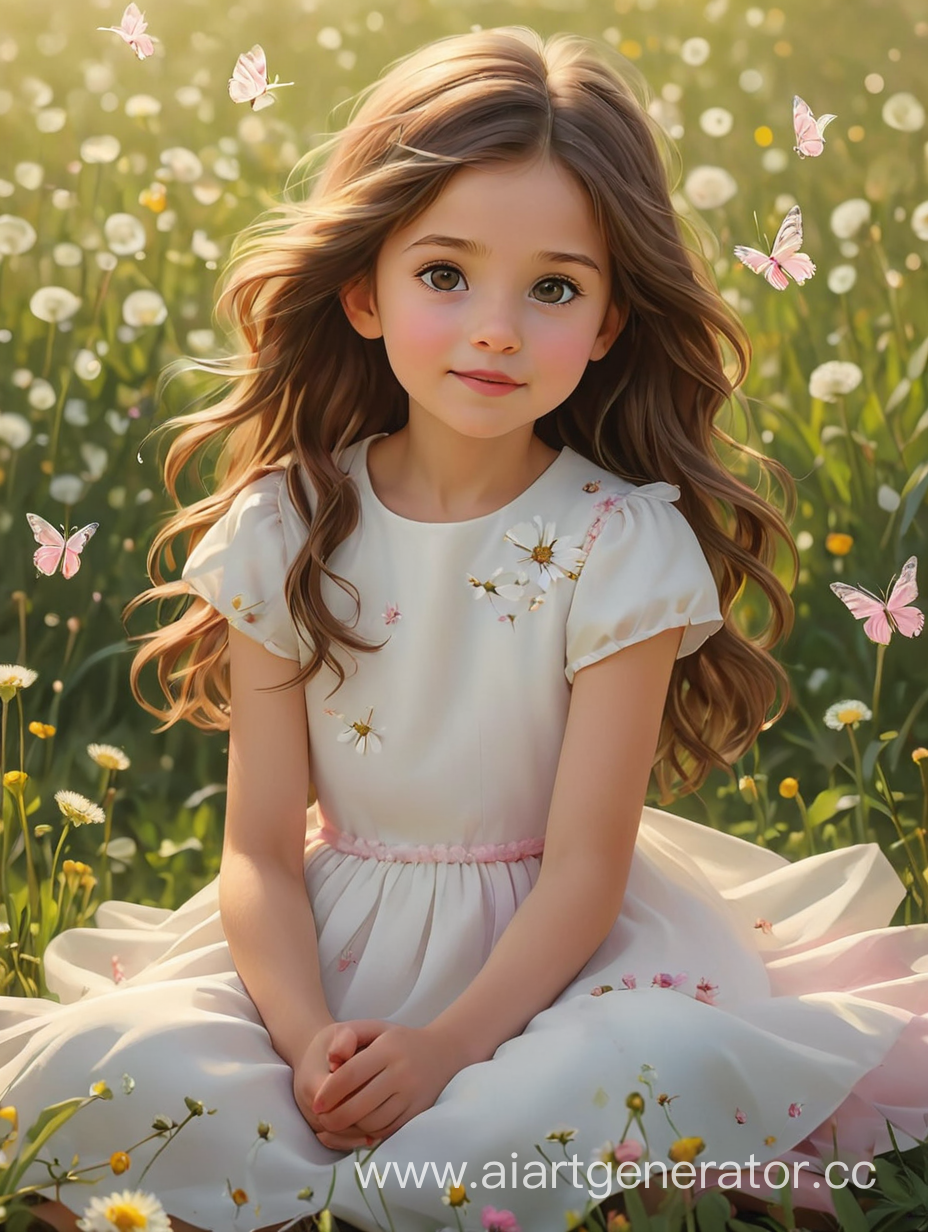 девочка 10 лет русые длинные волосы, белое платье, девочка младенец лысая в бело розовом платье, портрет, сидят в поле с одуванчиками летают бабочки, светит солнце, стиль 3 д масляная живопись, мазки кисти