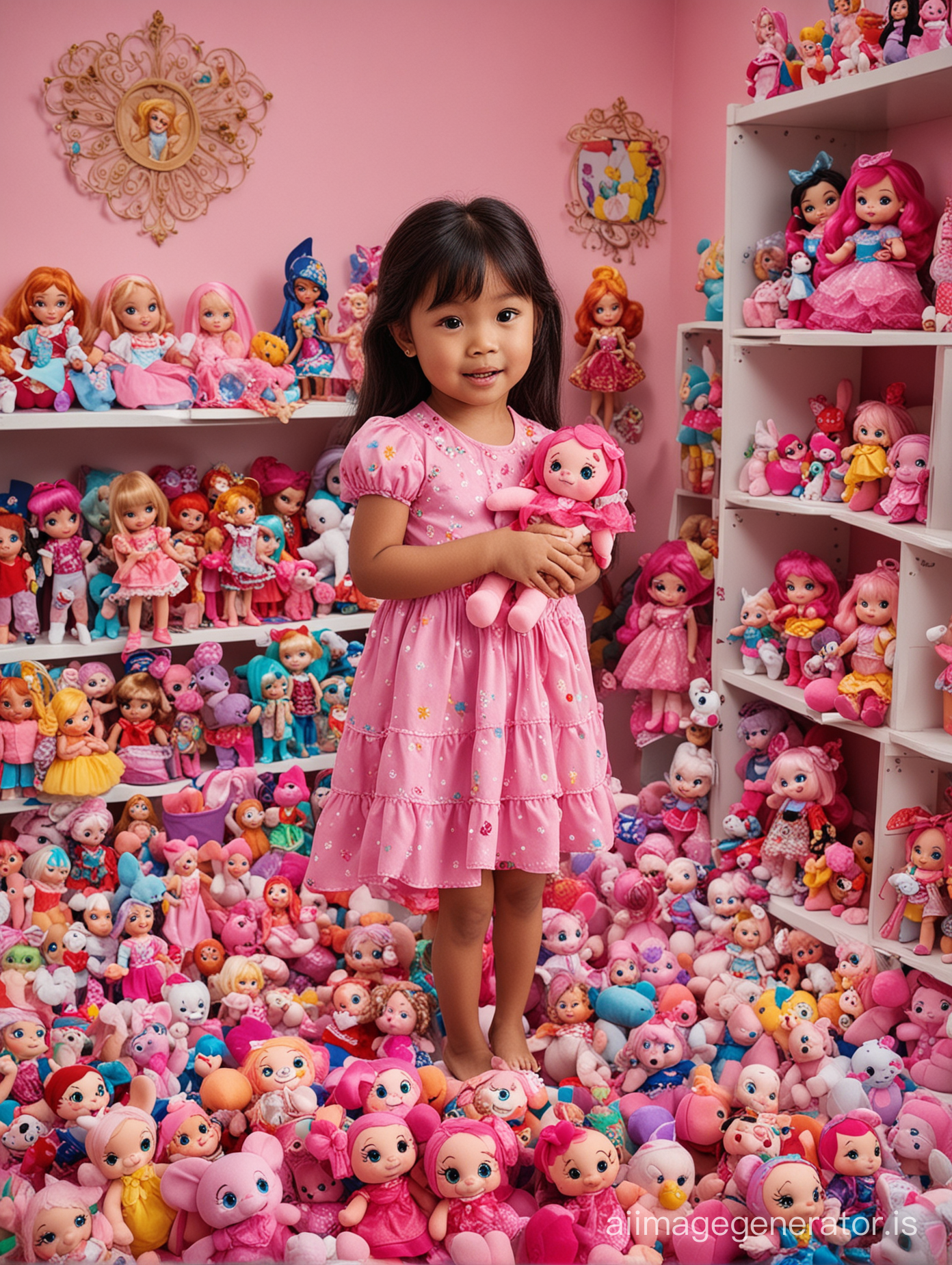 Seorang anak perempuan Indonesia berusia 6 tahun memegang boneka warna pink dan dikelilingi banyak boneka warna warni di dalam ruangan Disney
