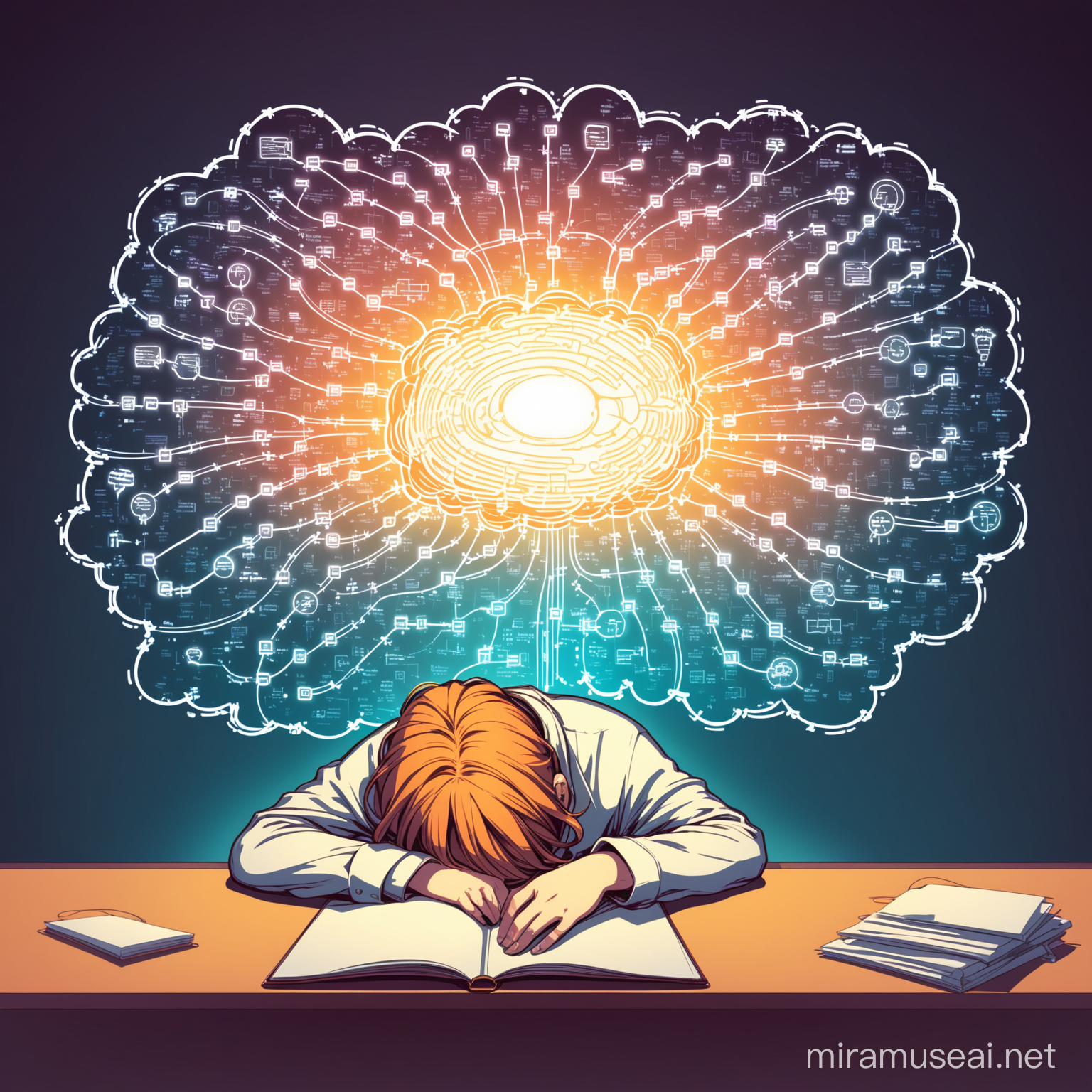 Exhausted person slumped at desk. Expanding from thought bubble is ever expanding mindmap. Background light cyber effect.