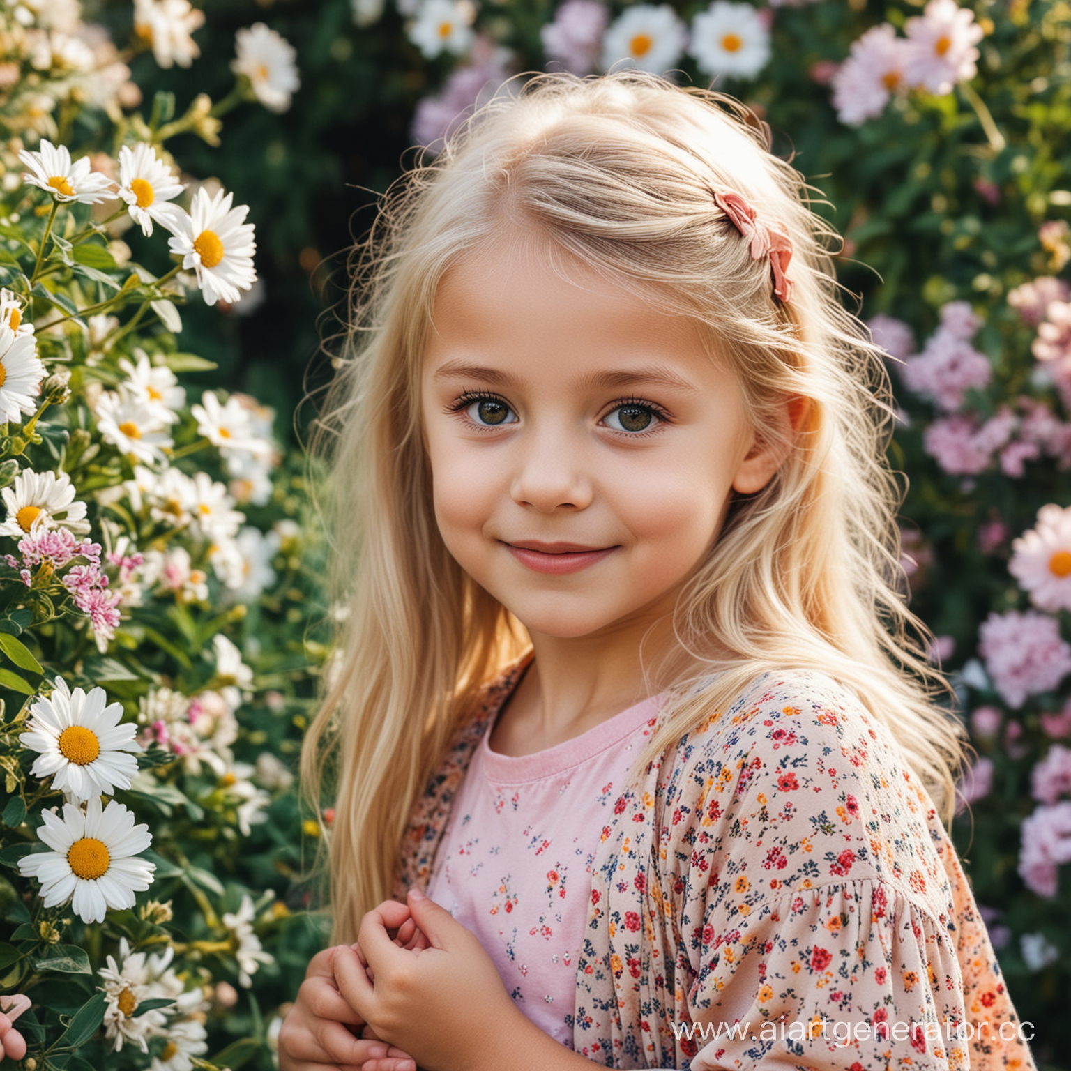 blonde little girl on a background of flowers