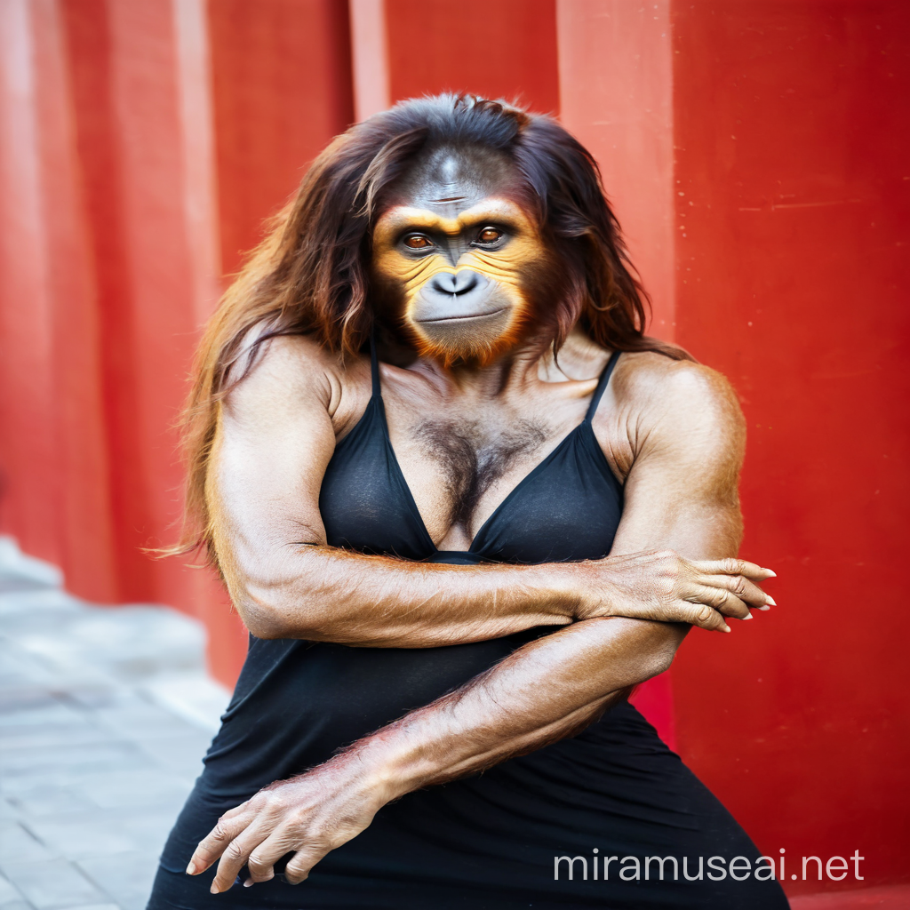 A very hairy woman transform to wereorangutan showing the very hairy female body with brown orangutan hairy skin and sweaty hairy boobs and brown face skin and brown orangutan face