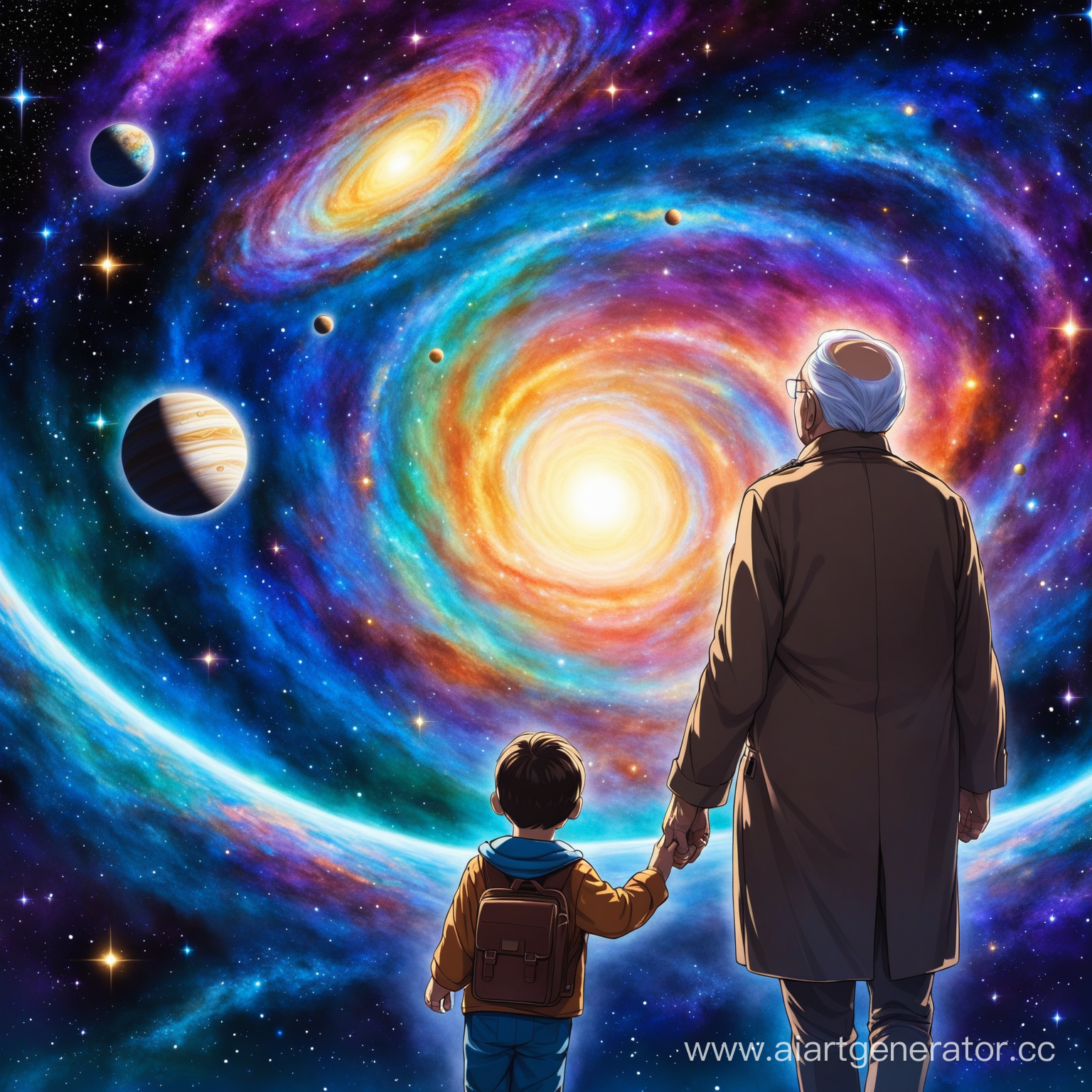 дедушка с внуком путешествуют по вселенной