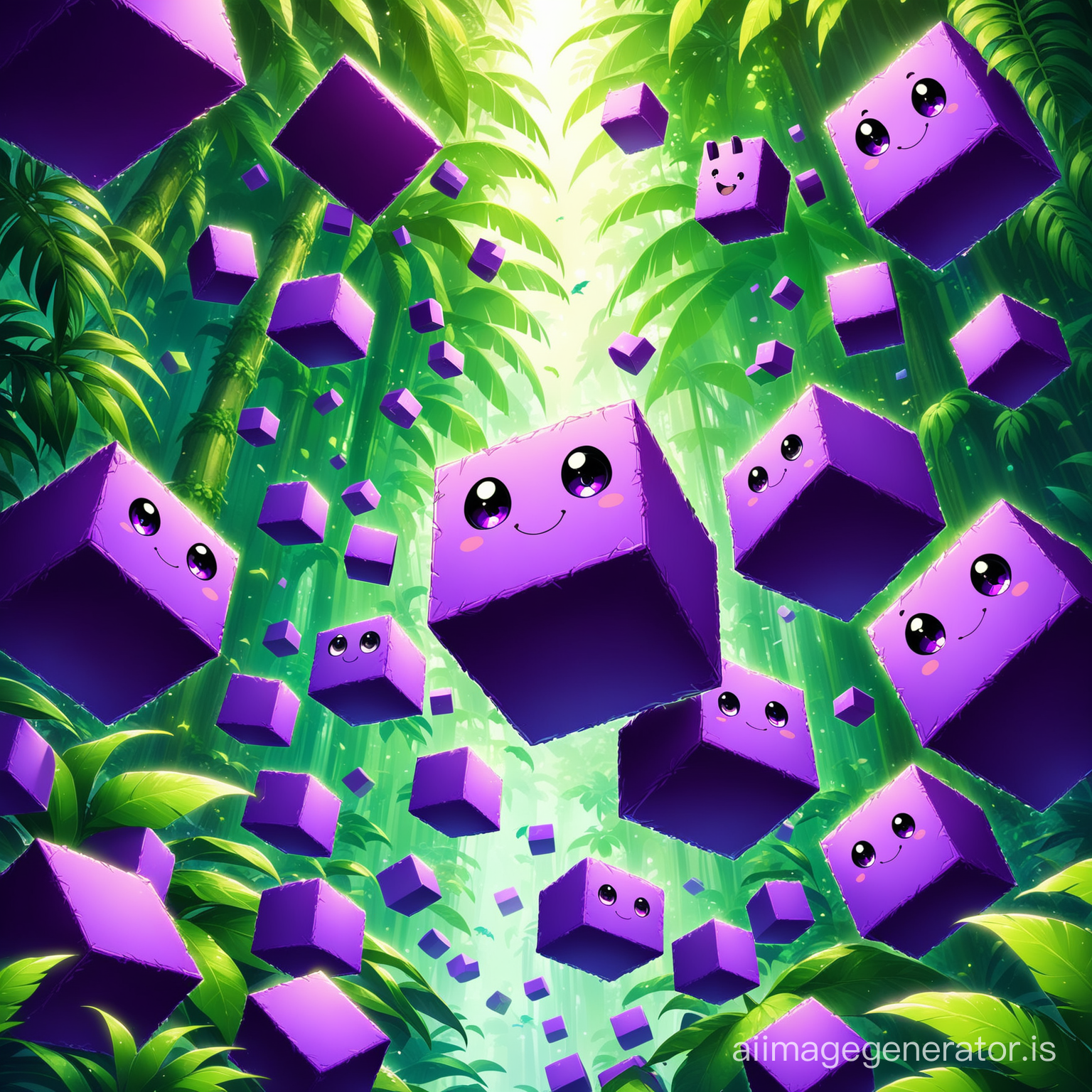 A little black happy cute purple blocks with green eye and smile flying on the jungle with super detail and High Quality
big and purple blocks and floating are seen everywhere
Details are evident beautifully and with great precision