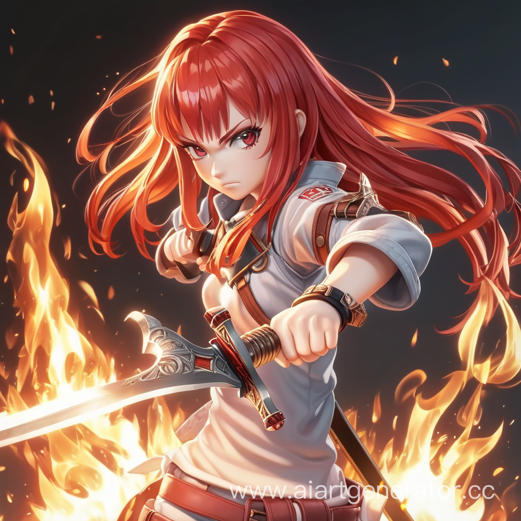 яростная аниме девочка с красными волосами с двуручным горящим мечом