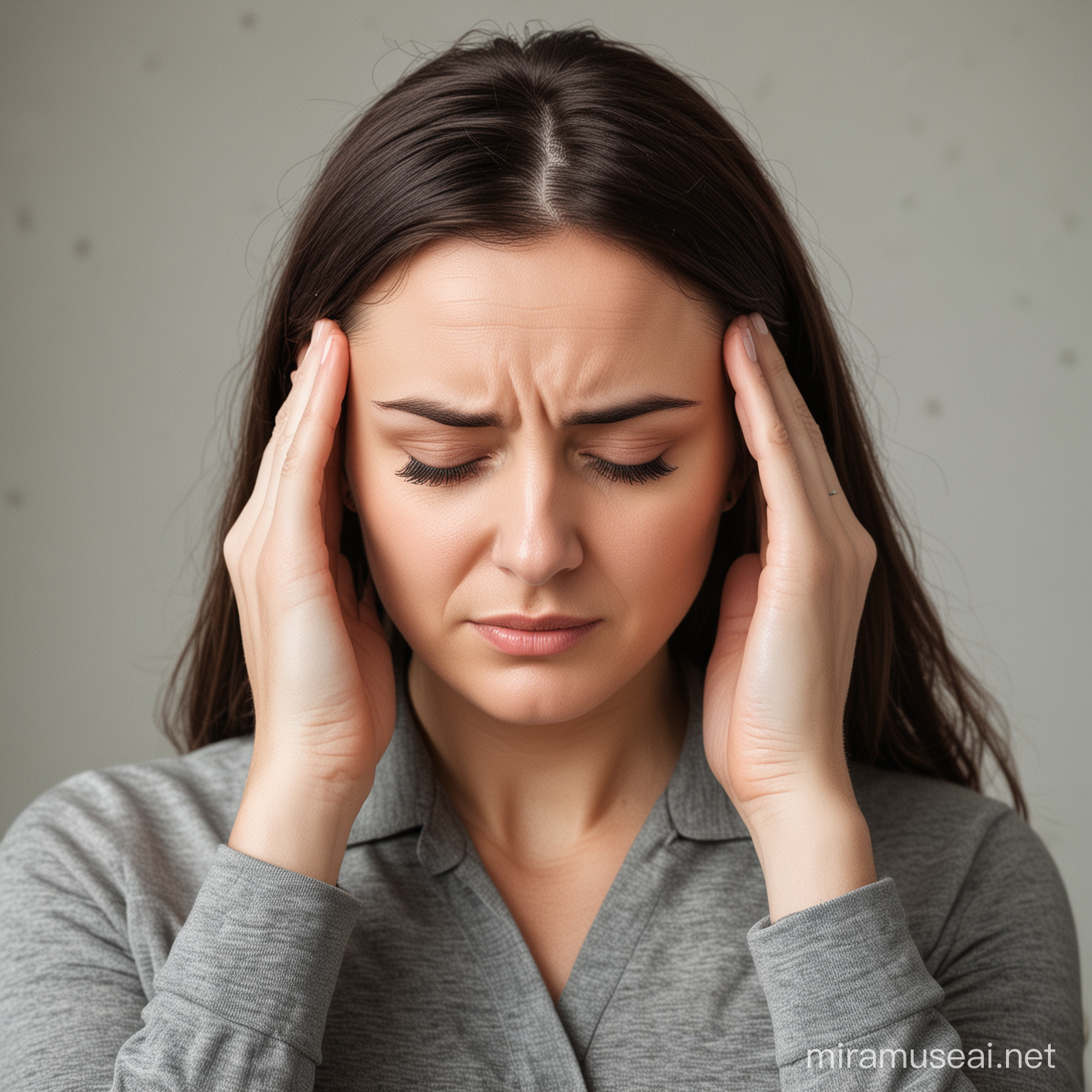 woman with a migraine holding her head with both hands