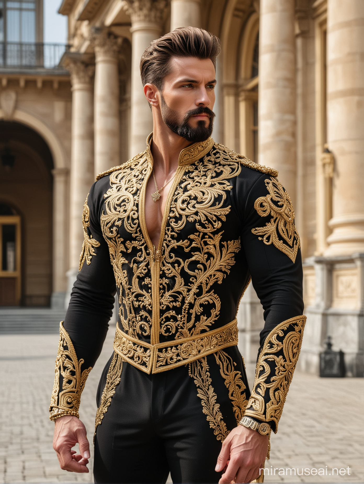 Tall and handsome bodybuilder king with beautiful hairstyle and beard with attractive eyes and Big wide shoulder and chest in golden and black cavalry suit with necklace standing outside palace 