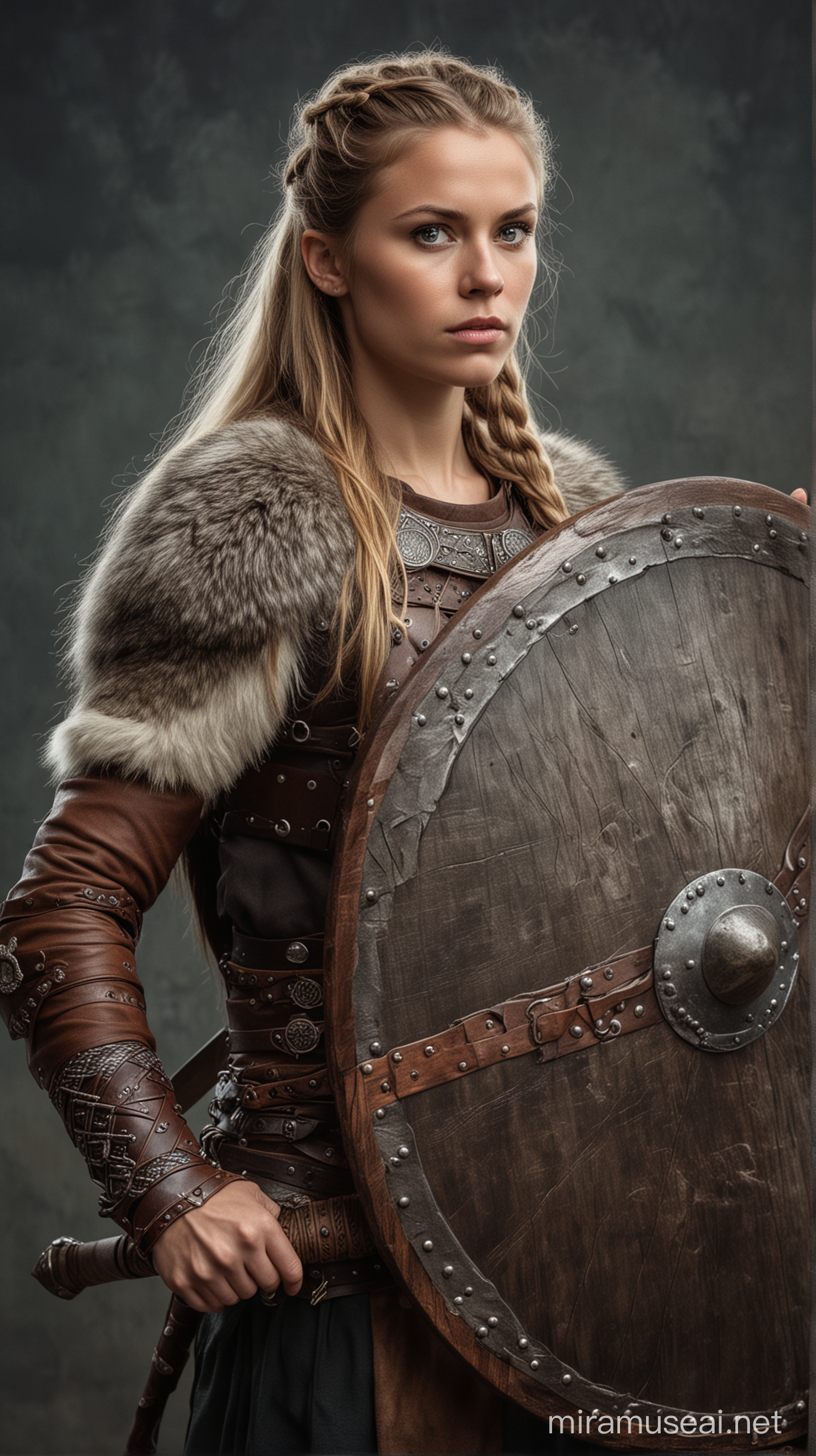 Viking female worrior holding shield infront of her