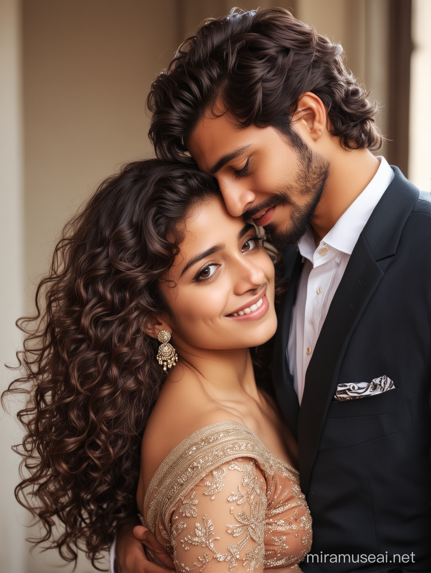 two intimate lovers, indian handsome boy with european features, , 22 years old, european features, formal suit, light trim beard, alfa male, girl, 18 years old, most beautiful indian girl, elegant saree look, low cut back, long curly hair, touching head to boy shoulder, shy and modest smile, boy comforting girl with one hand on back of girl, photo realistic, 4k.
