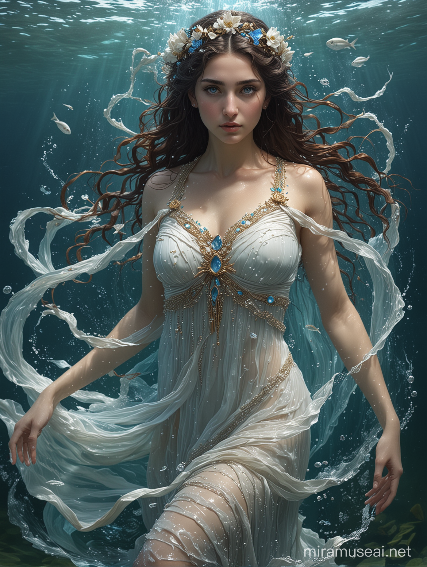 A masterpieced of Kimiya Hosseini as Leucothea, Greek goddess of the sea. She is under the sea, and her Greek dress flows ethereally in the water until it mixes with the water until it disappears. She has has blue eyes.