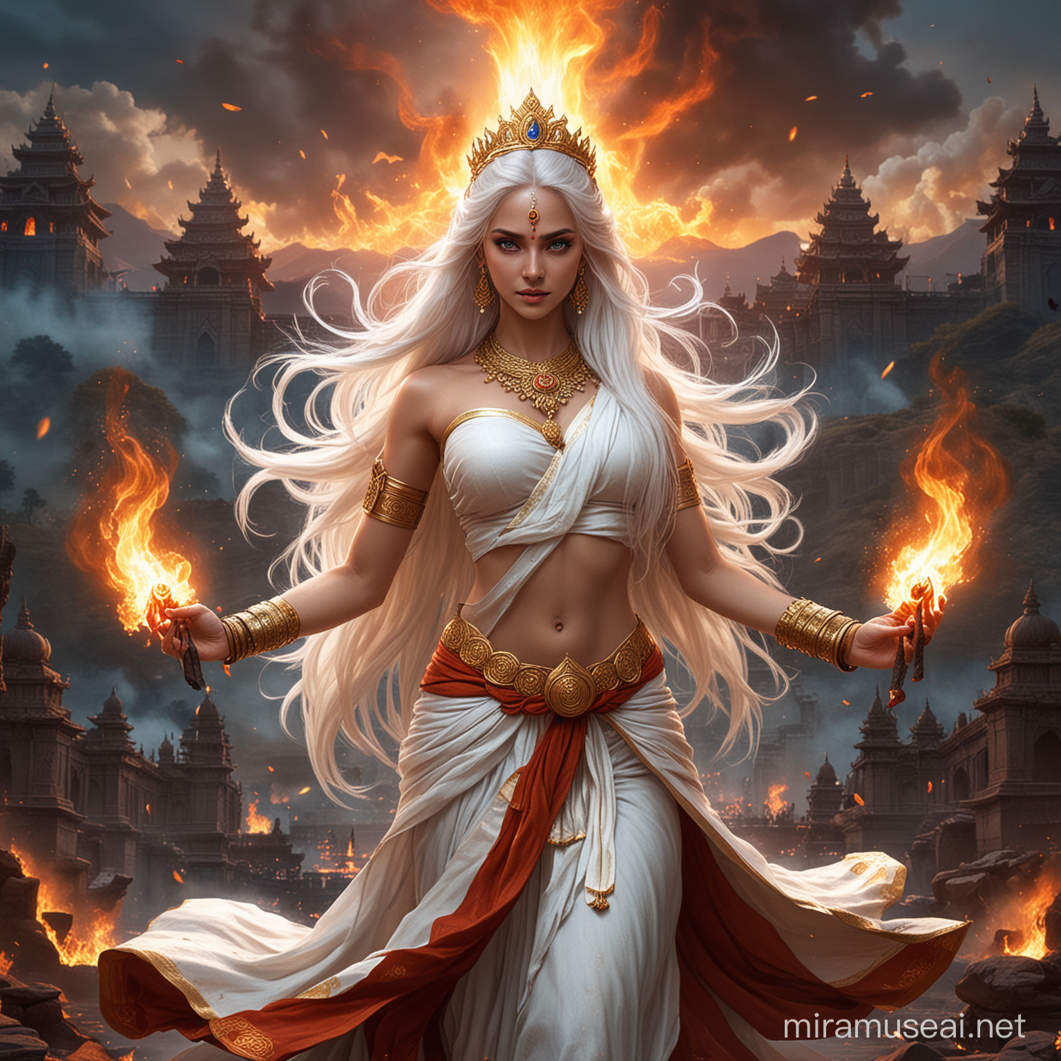 Empress Kayashiel in Divine Battle Amidst Hindu Deities and Demons