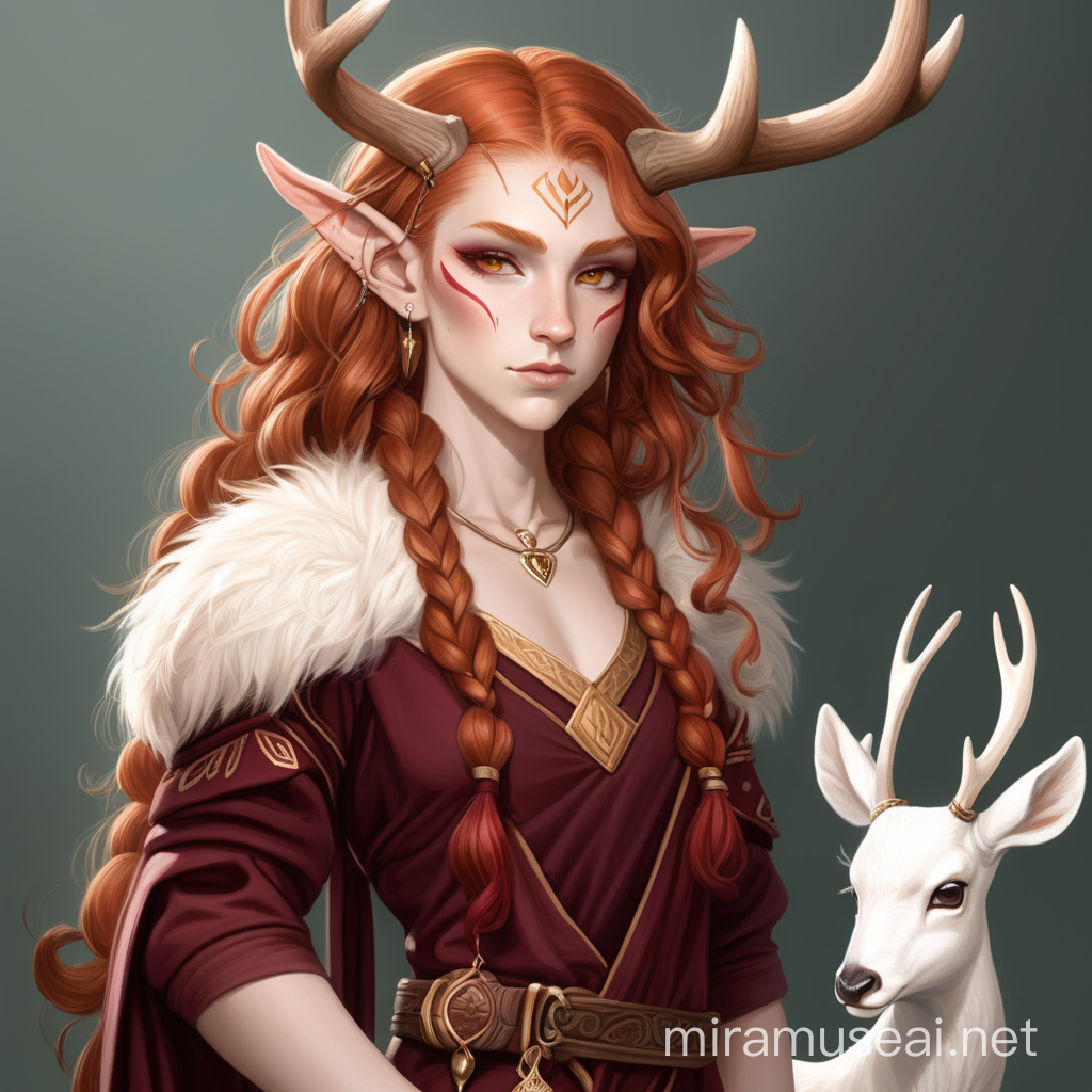 teeta ravoux, a dnd style female saytr with light ginger hair, brown faun legs with a little white deer tail, she is a fortunteller that loves red, burgandy and gold, her horns are back swept with a slight curl