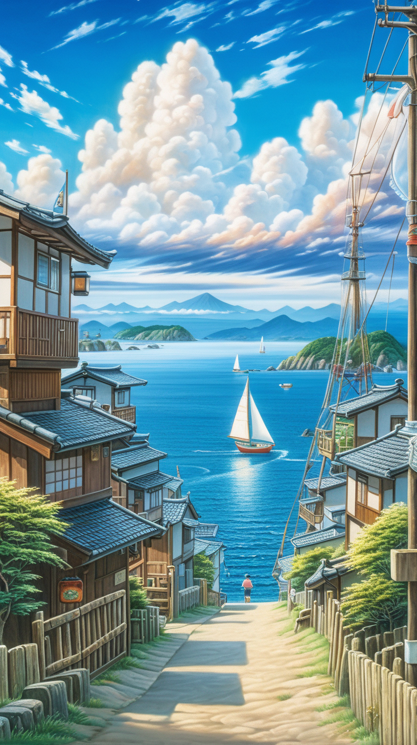 Sea view, neighbourhood in fishing village in Japan, beautiful summer sky and clouds, sail boat from distance, 8k render, stable diffusion, majestic illusration, ultra detailed, acrylic colors, canvas rough painting, codex_401 digital art style, studio ghibli style