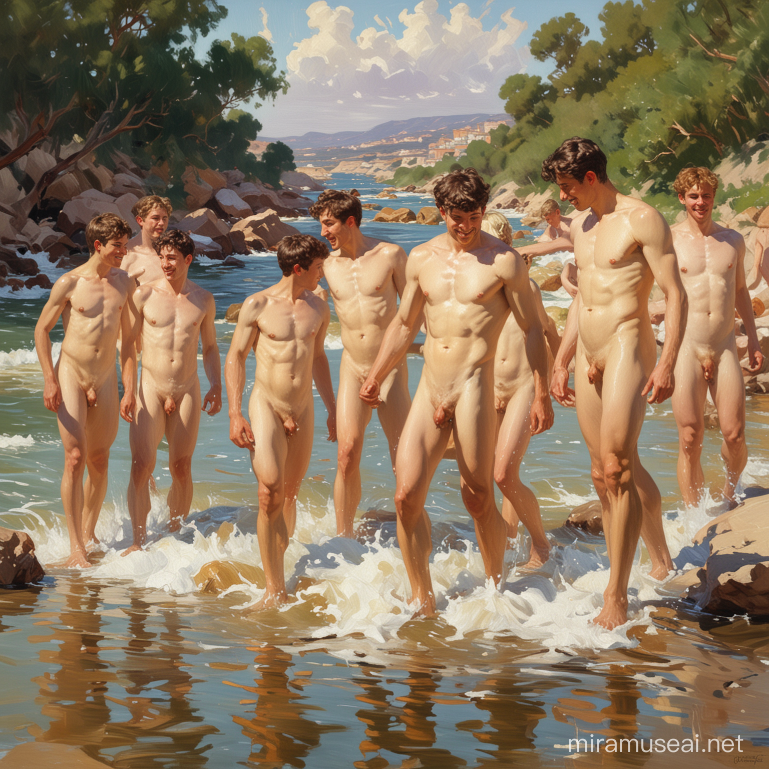 картина в стиле Хоакин Соролья ,река ,обнаженные девушки ,парни, купаются,брызги, смех, красивые молодые,парни.