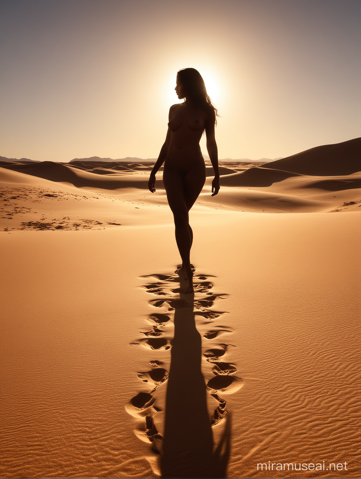 Sand falls in form of black silhouette of nude woman.
Woman stands on desert,
Picture is with backround in sunset golden atmosphere.