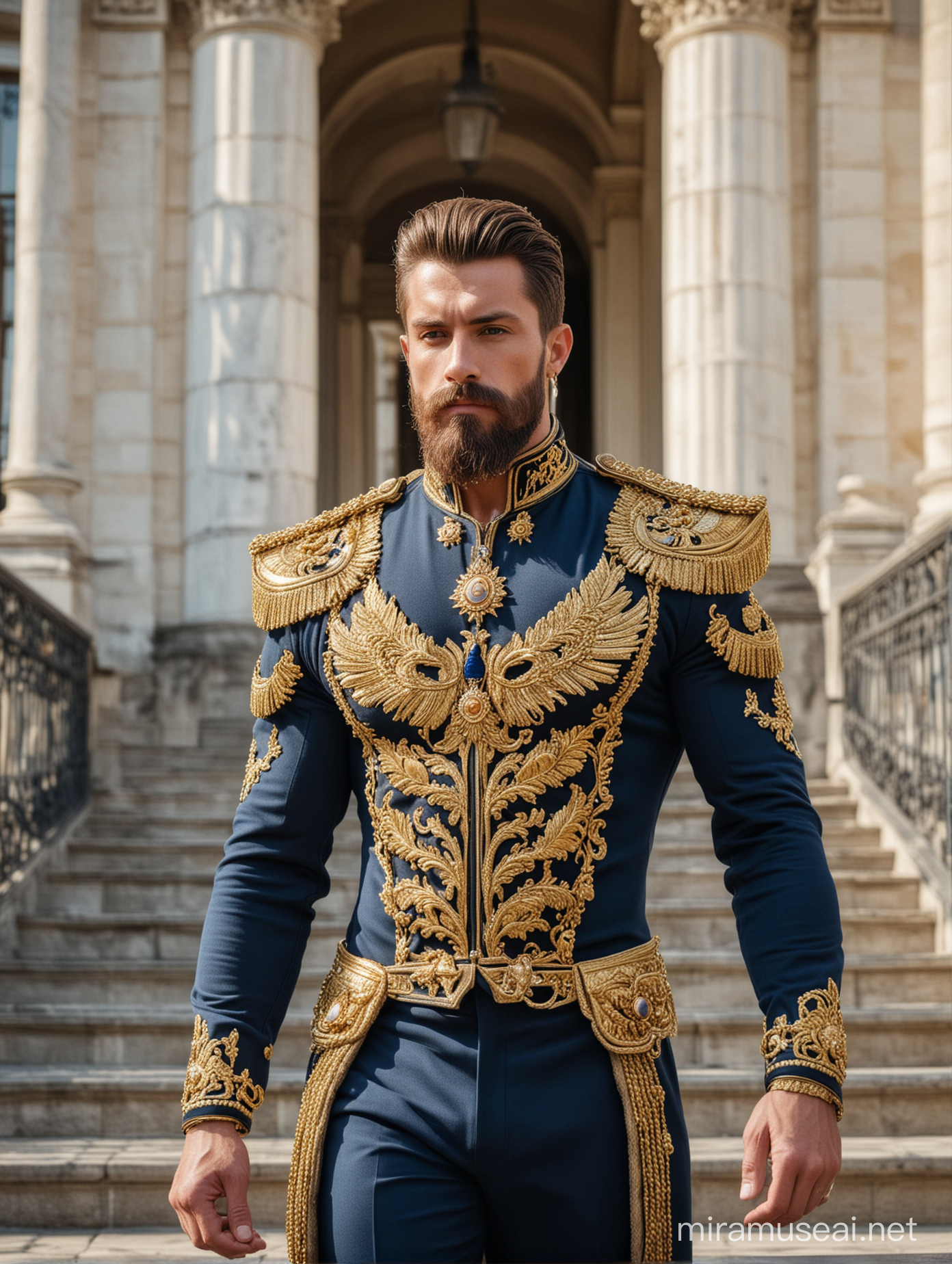 Tall and handsome bodybuilder king with beautiful hairstyle and beard with attractive eyes and Big wide shoulder and chest in golden and navy cavalry suit with necklace walking downstairs outside palace 
