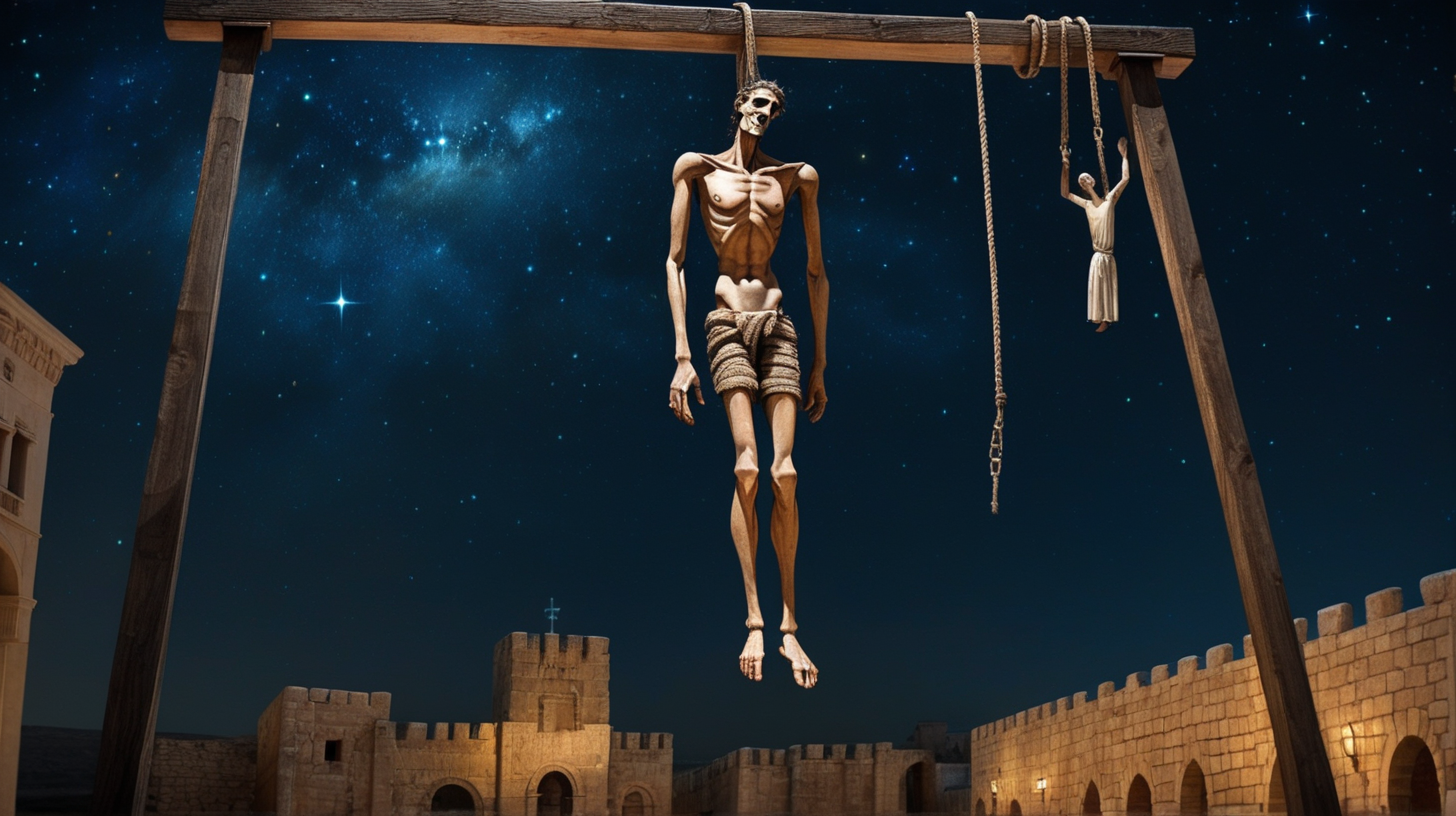 Ancient Hebrew Execution Hanged Man on Gallows under Starry Night