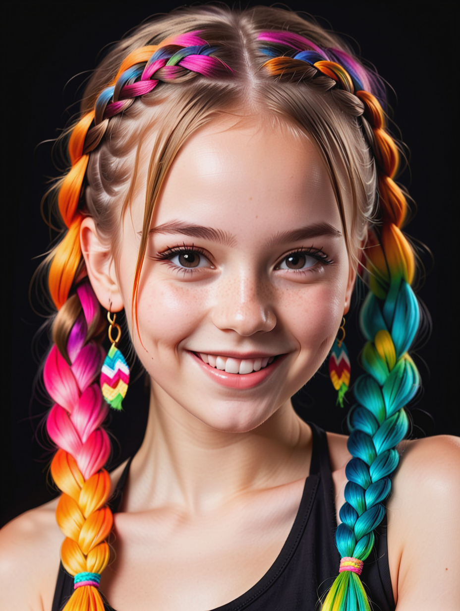 Joyful Woman with Festival Hair Braids on Vibrant Display Against Black Background