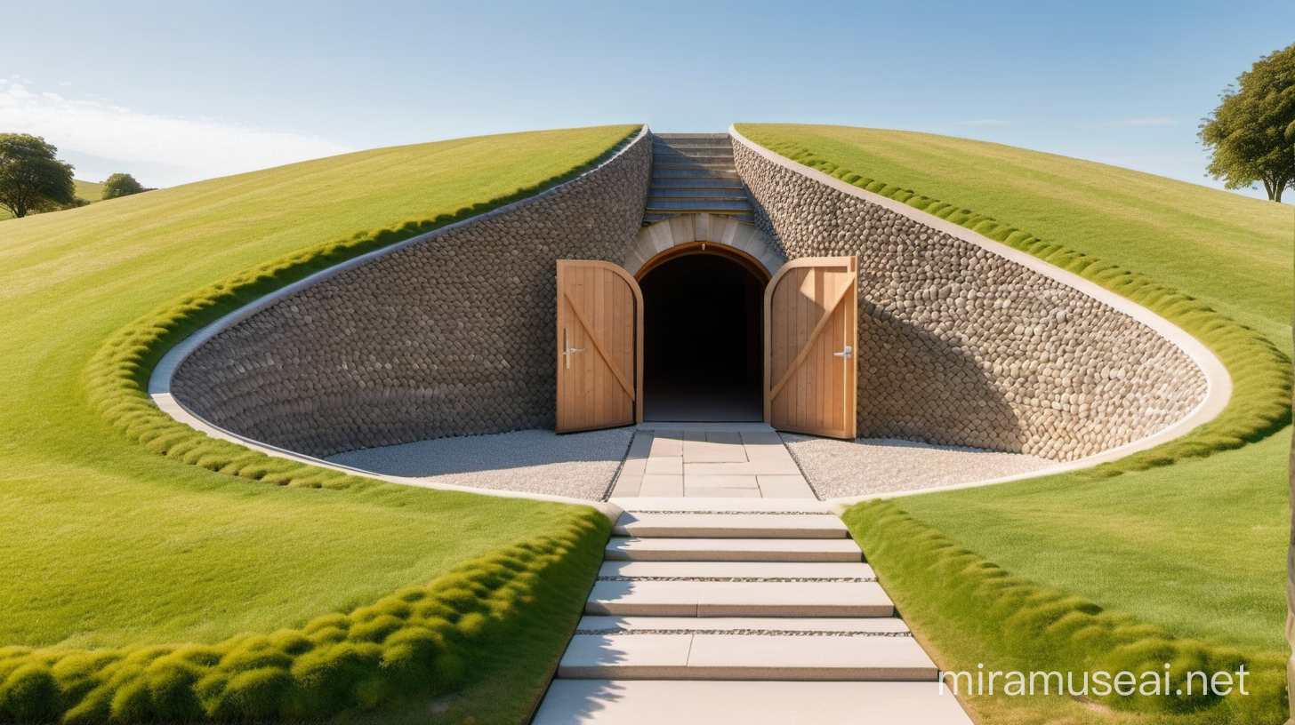 entrance to a new burial barrow, the entrance to the barrow is framed by cut granite stonework. Entrance is at the base of a large green grassy hill or manmade mound.  Gravel path meanders to the entrance