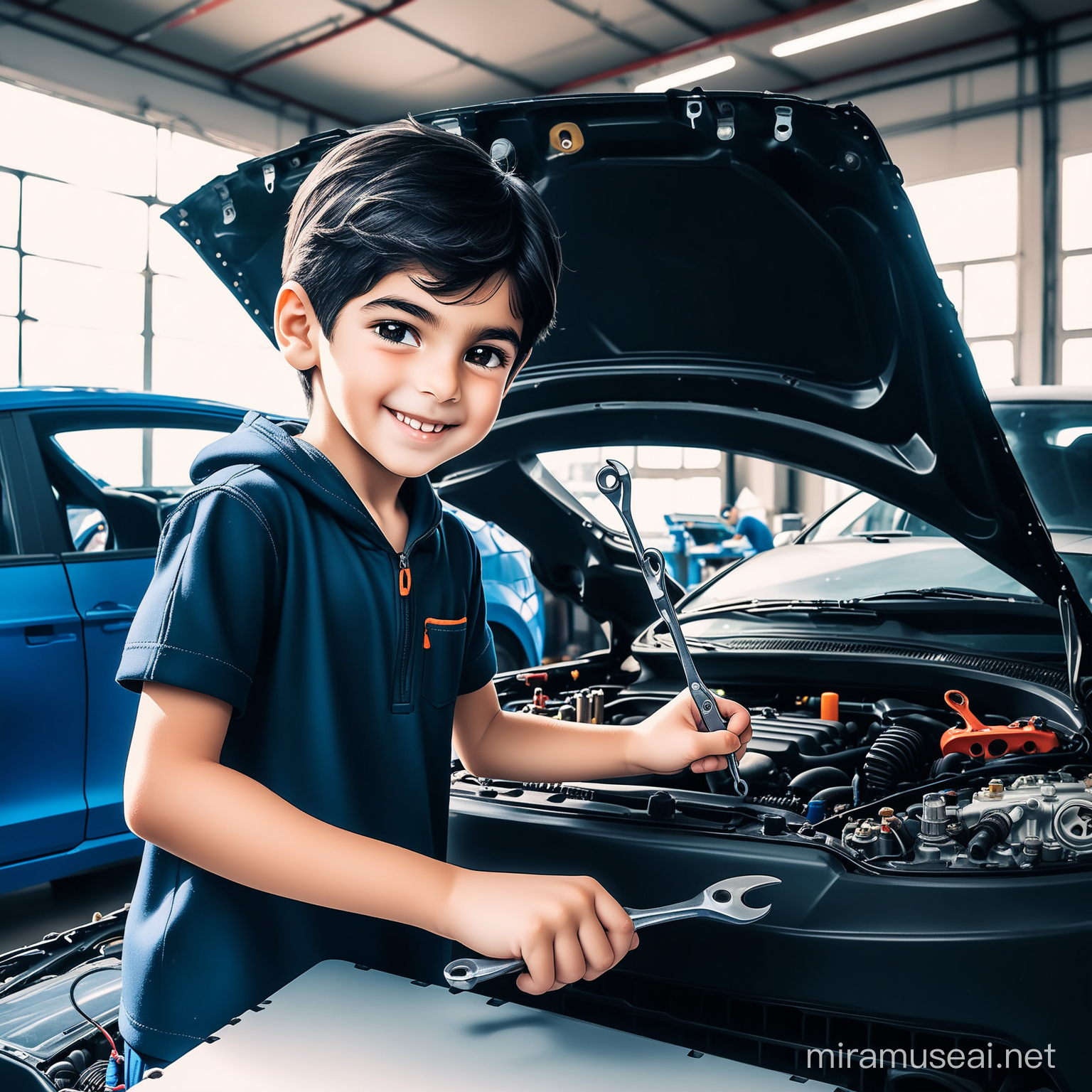 Ali is Persian little boy, 8 years old, cute, white skin, smiling, clothes with a lot of Persian designs.

Samandcr is a Samand car manufactured by Iran Khodro(IKCO), the hood is open, engine is visible.

Ali is repairing Samandcr with a wrench.

Atmosphere super modern auto repair, laptop, auto repairing tools on background.