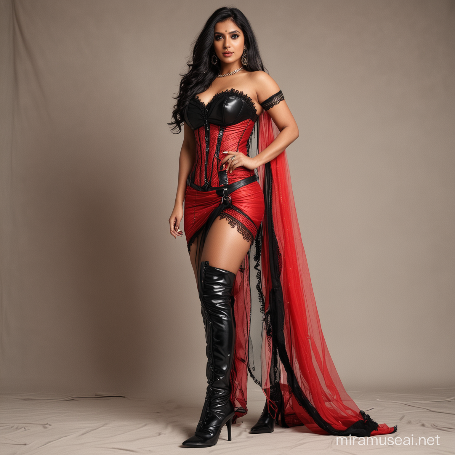 Tall Woman in Red Saree and Black Leather Corset with ThighHigh Boots
